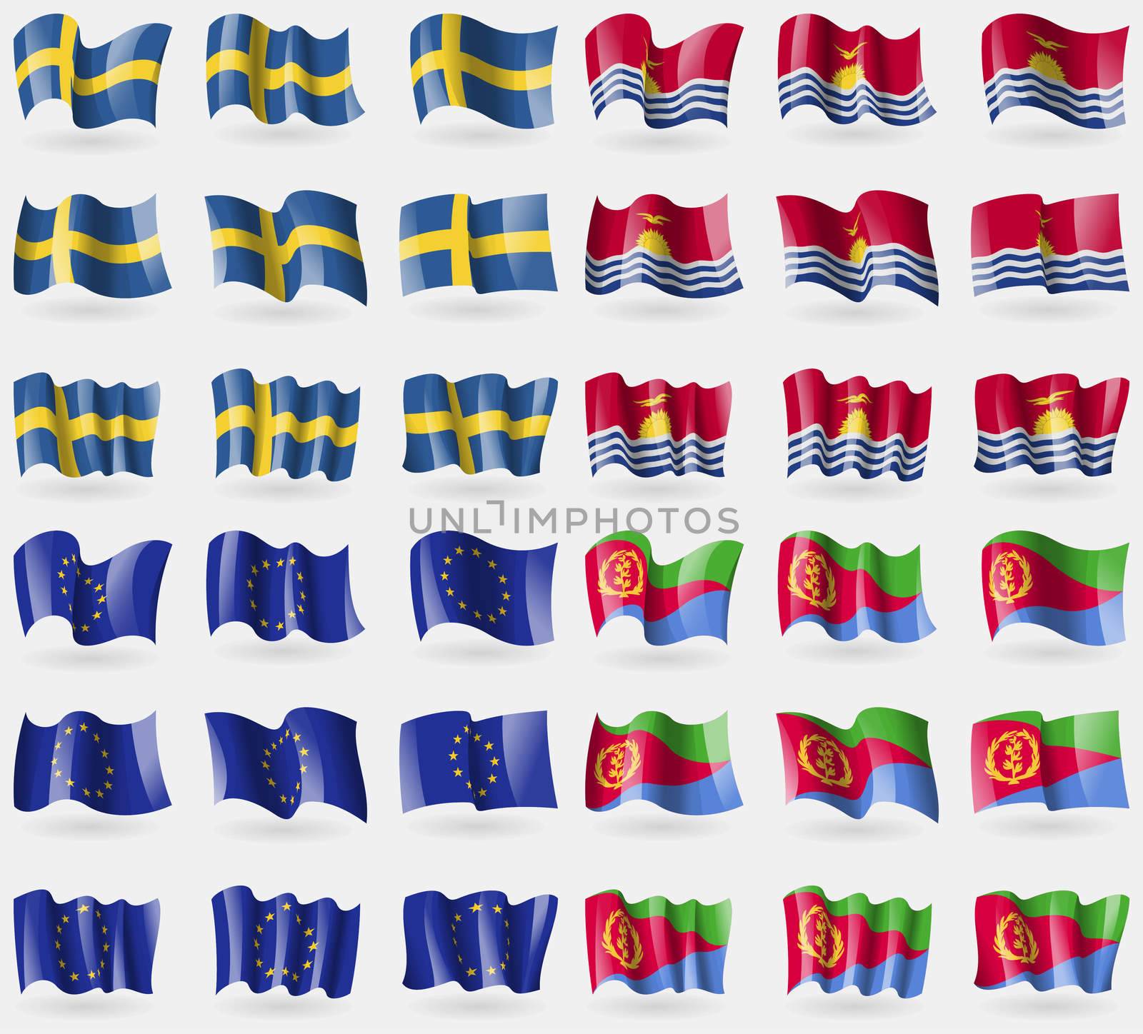 Sweden, Kiribati, European Union, Eritrea. Set of 36 flags of the countries of the world.  by serhii_lohvyniuk