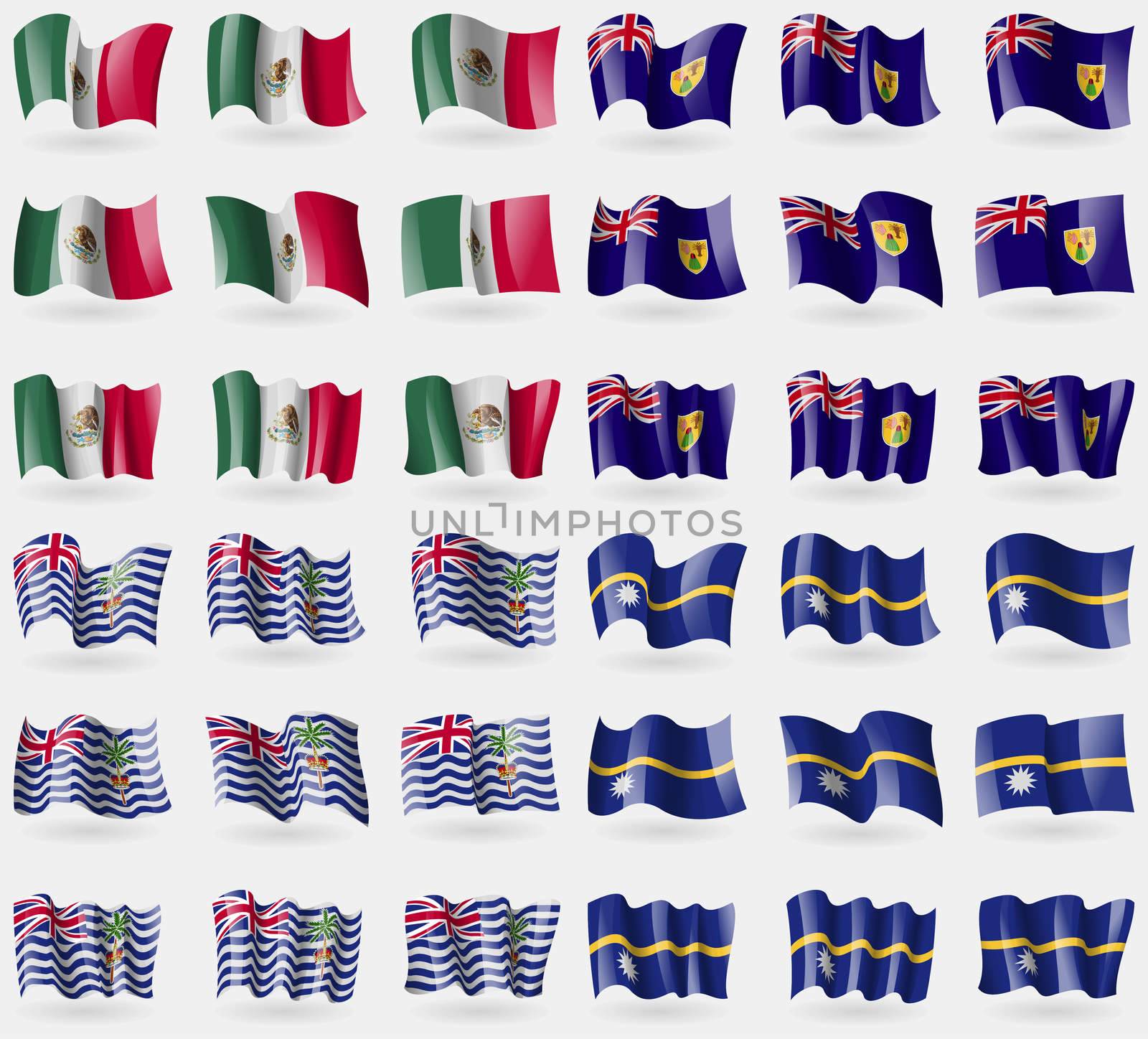 Mexico, Turks and Caicos, British Indian Ocean Territory, Nauru. Set of 36 flags of the countries of the world. illustration