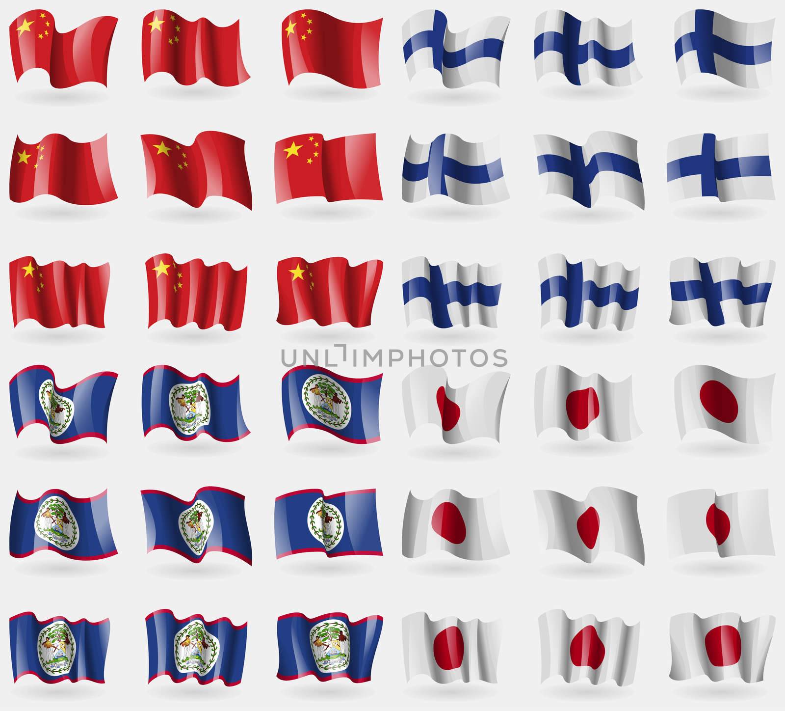 China, Finland, Belize, Japan. Set of 36 flags of the countries of the world. illustration