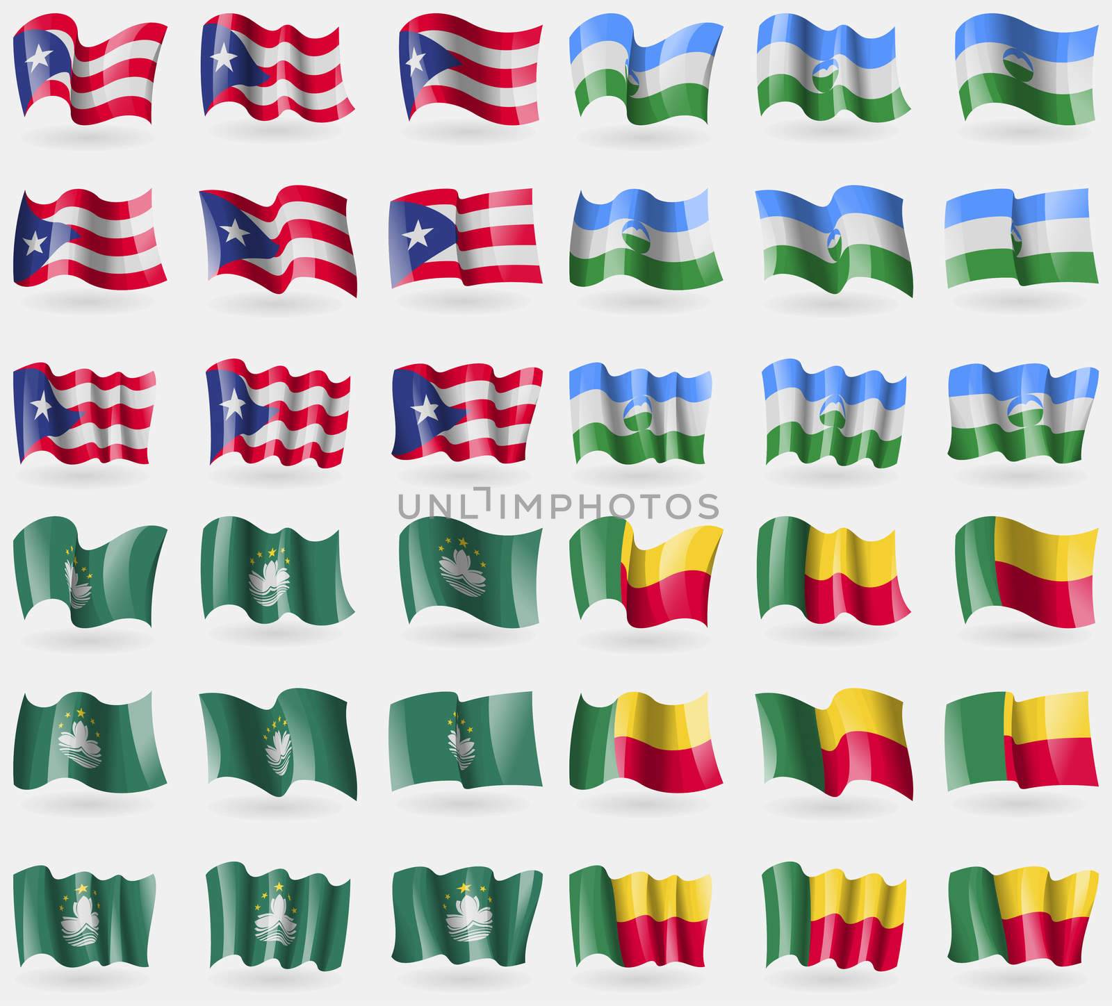 Puerto Rico, Kabardino Balkaria, Macau, Benin. Set of 36 flags of the countries of the world.  by serhii_lohvyniuk