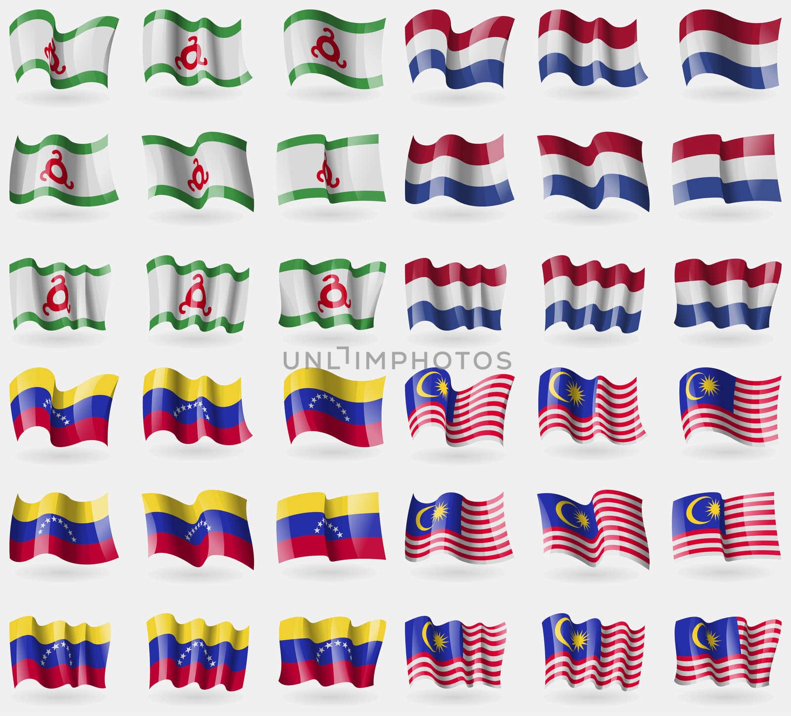 Ingushetia, Netherlands, Venezuela, Malaysia. Set of 36 flags of the countries of the world.  by serhii_lohvyniuk