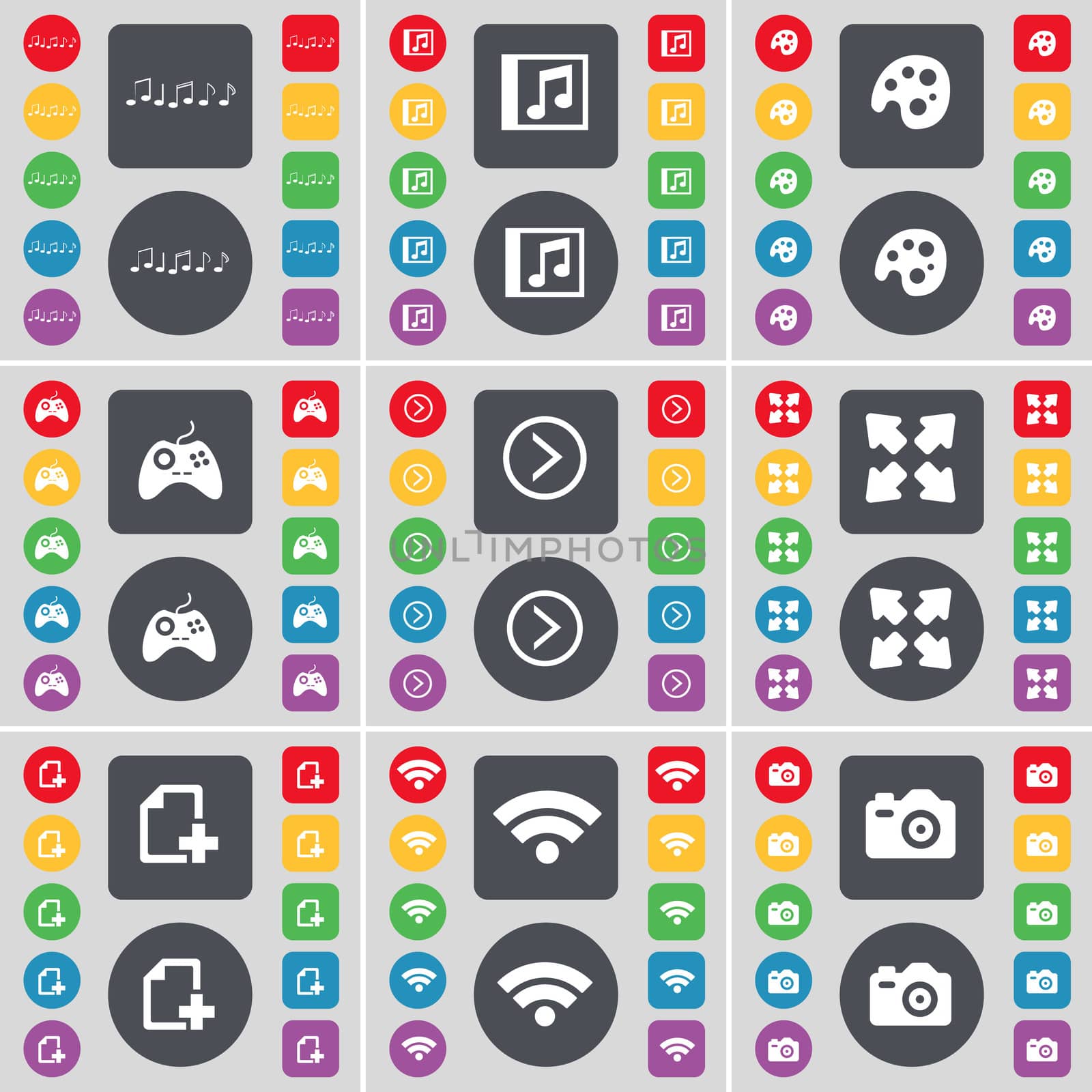 Notes, Music window, Palette, Gamepad, Arrow right, Full screen, File, Wi-Fi, Camera icon symbol. A large set of flat, colored buttons for your design. illustration