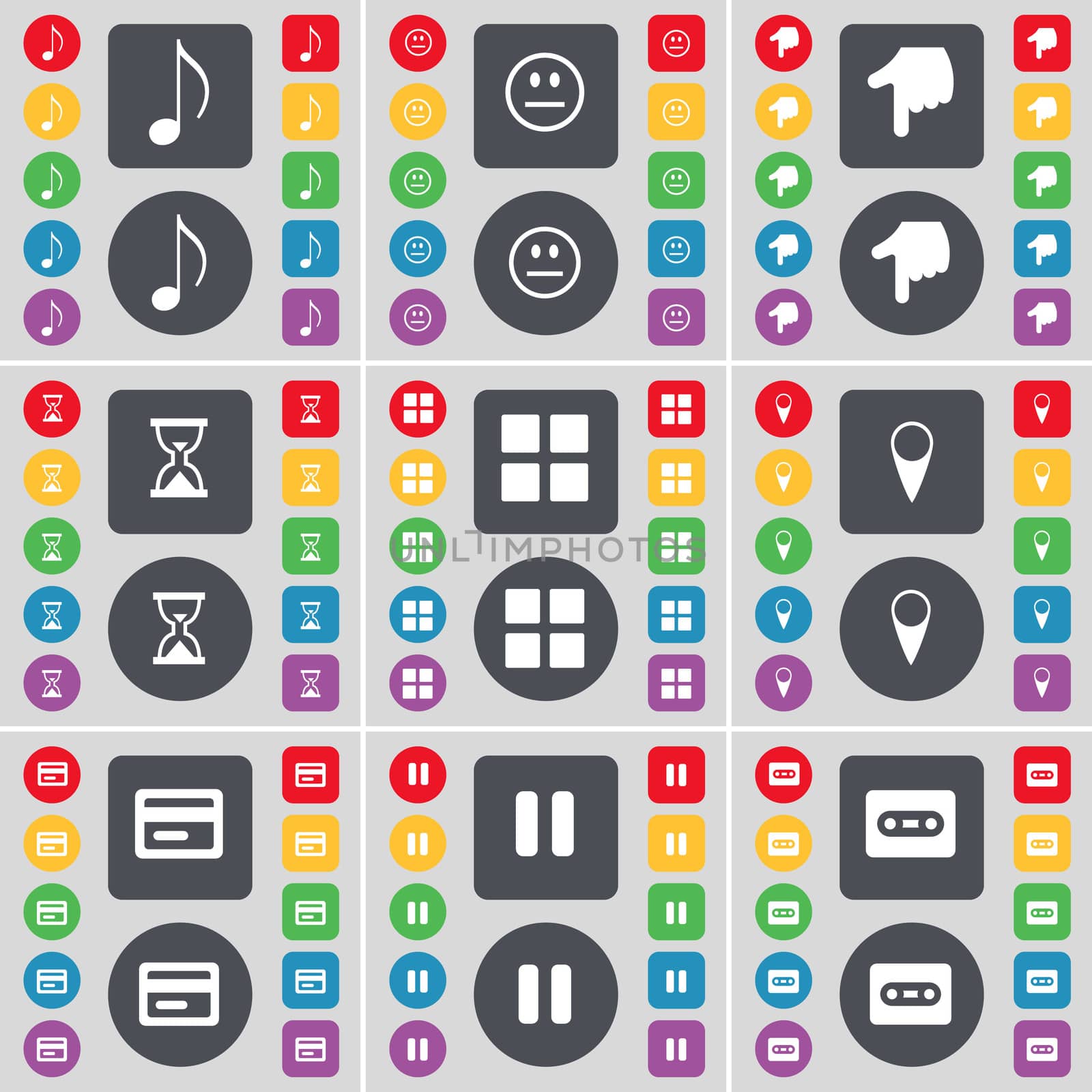 Note, Smile, Hand, Hourglass, Apps, Checkpoint, Credit card, Pause, Cassette icon symbol. A large set of flat, colored buttons for your design. illustration