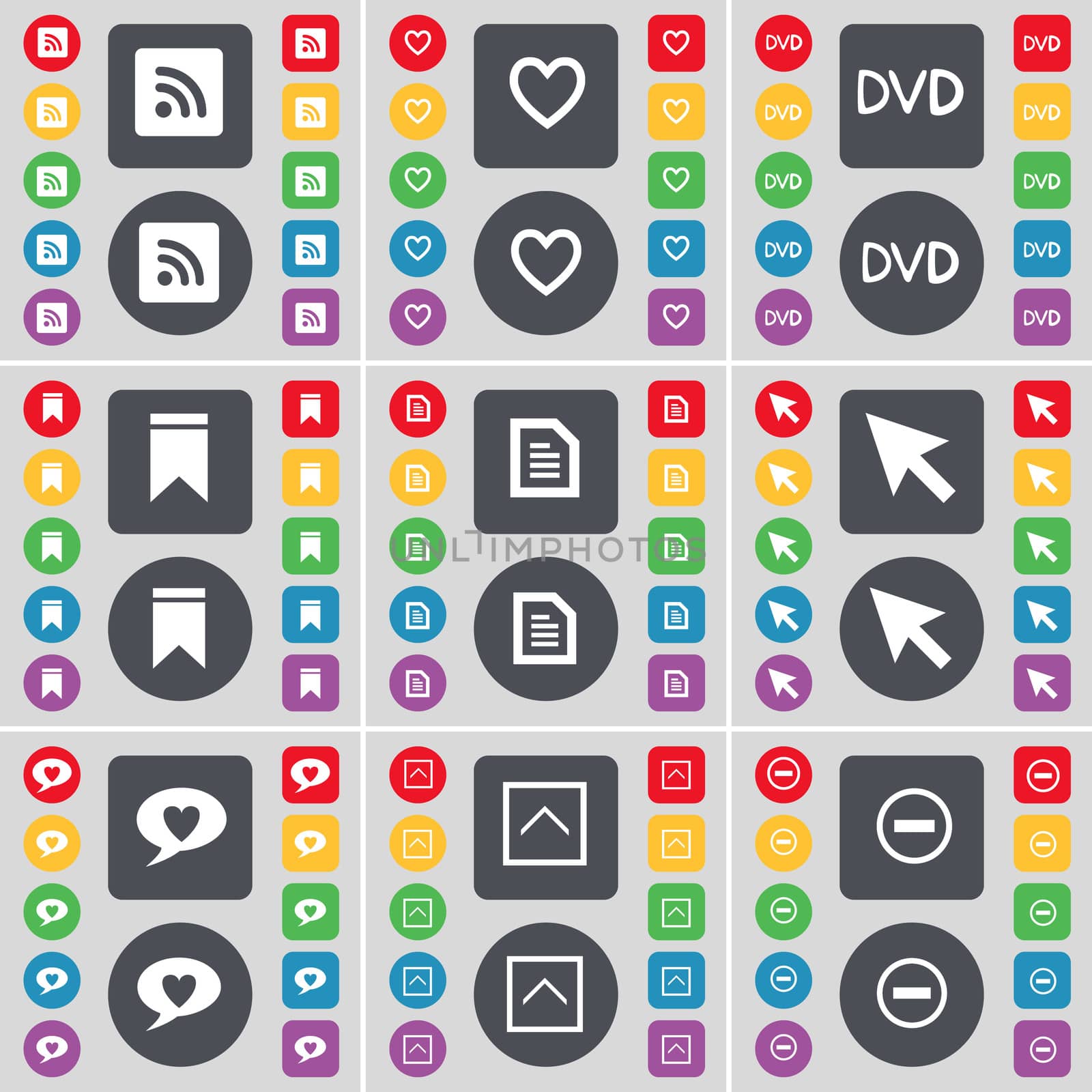 RSS, Heart, DVD, Marker, Text file, Cursor, Chat bubble, Arrow up, Minus icon symbol. A large set of flat, colored buttons for your design. illustration