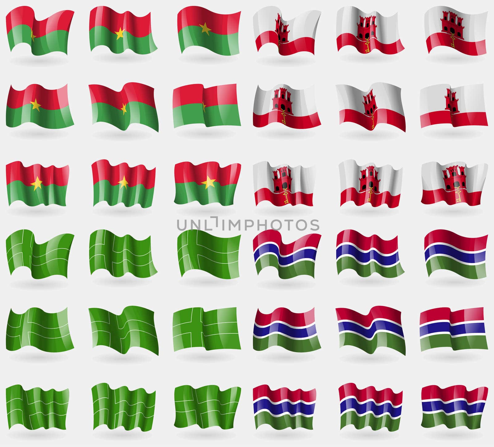 Burkia Faso, Gibraltar, Ladonia, Gambia. Set of 36 flags of the countries of the world. illustration