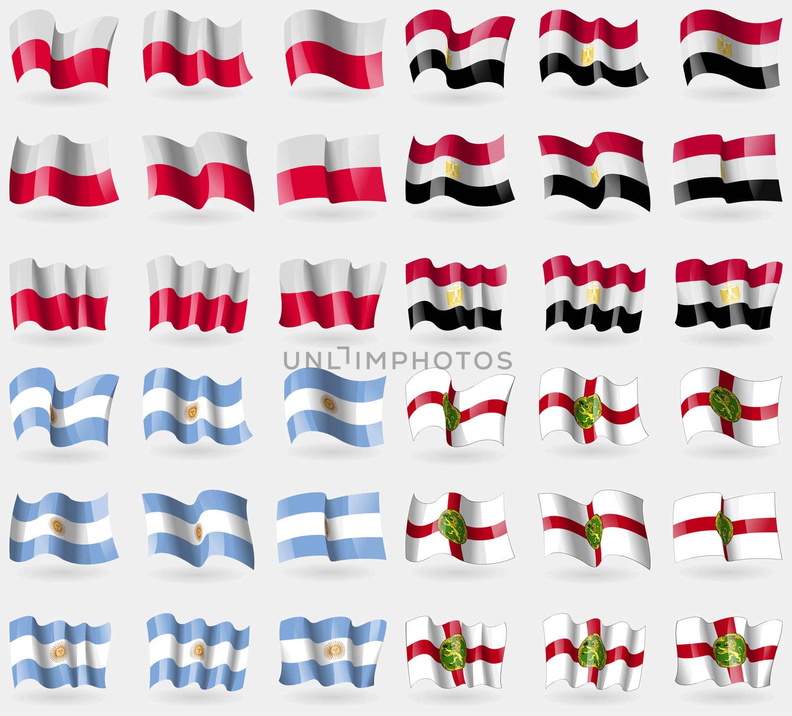 Poland, Egypt, Argentina, Alderney. Set of 36 flags of the countries of the world. illustration