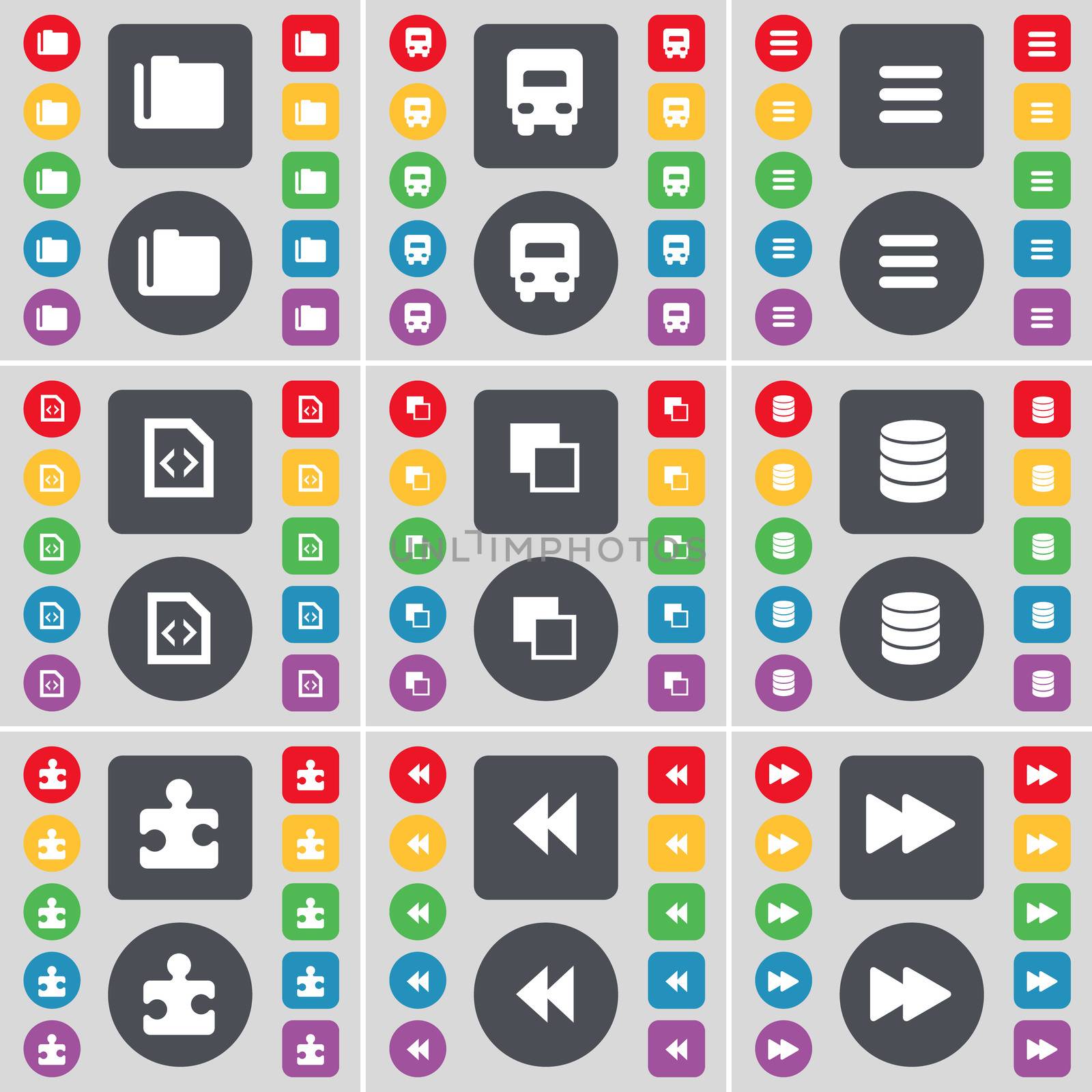 Folder, Truck, Apps, File, Copy, Database, Pazzle part, Rewind icon symbol. A large set of flat, colored buttons for your design. illustration