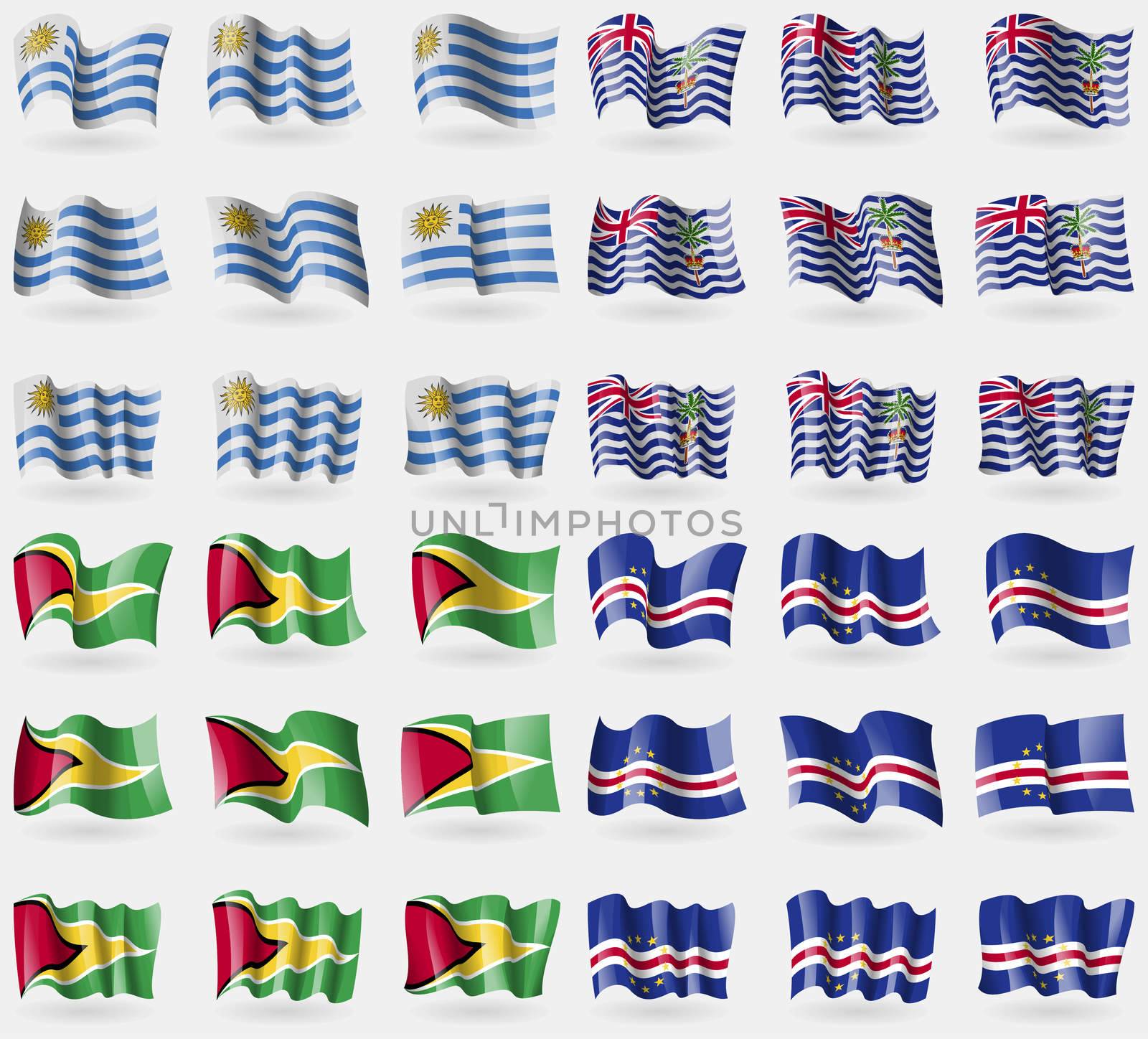Uruguay, British Indian Ocean Territory, Guyana, Cape Verde. Set of 36 flags of the countries of the world.  by serhii_lohvyniuk