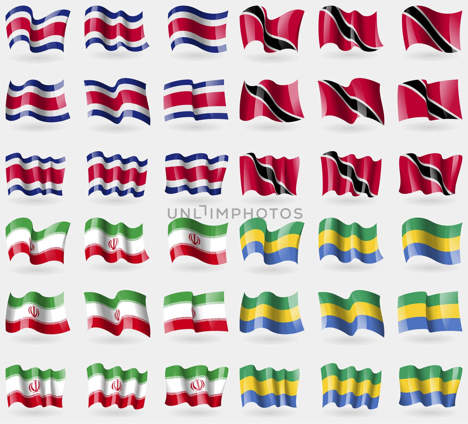 Costa Rica, Trinidad and Tobago, Iran, Gabon. Set of 36 flags of the countries of the world.  by serhii_lohvyniuk