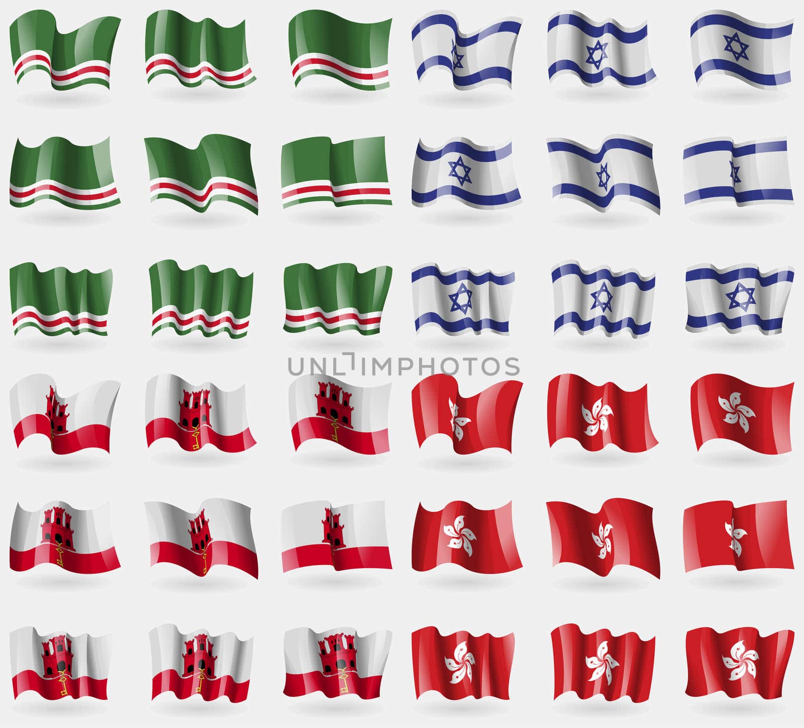 Chechen Republic if Ichkeria, Israel, Gibraltar, Hong Kong. Set of 36 flags of the countries of the world. illustration