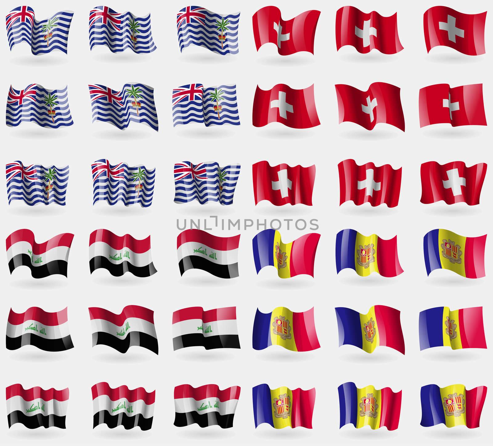 British Indian Ocean Territory, Switzerland, Iraq, Andorra. Set of 36 flags of the countries of the world. illustration