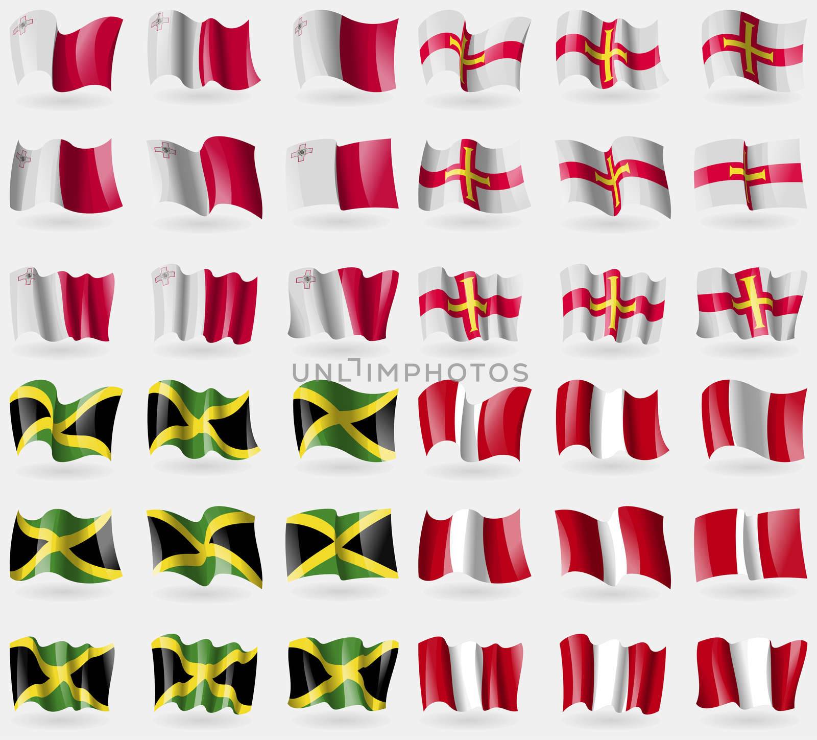 Malta, Guernsey, Jamaica, Peru. Set of 36 flags of the countries of the world. illustration
