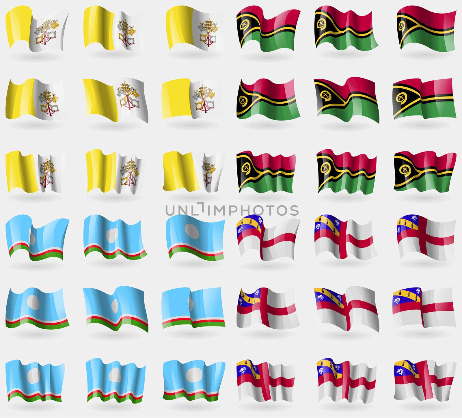 Vatican SityHoly See, Vanuatu, Sakha Republic, Herm. Set of 36 flags of the countries of the world. illustration