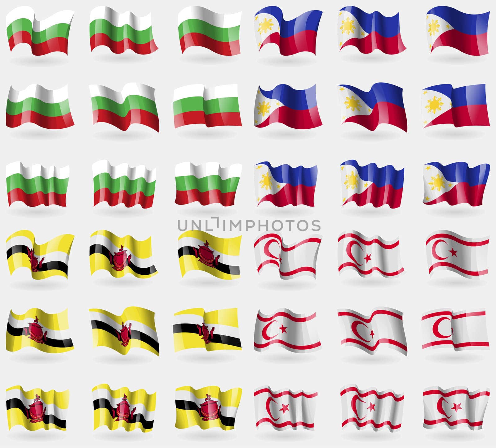 Bulgaria, Philippines, Brunei, Turkish Northern Cyprus. Set of 36 flags of the countries of the world.  by serhii_lohvyniuk