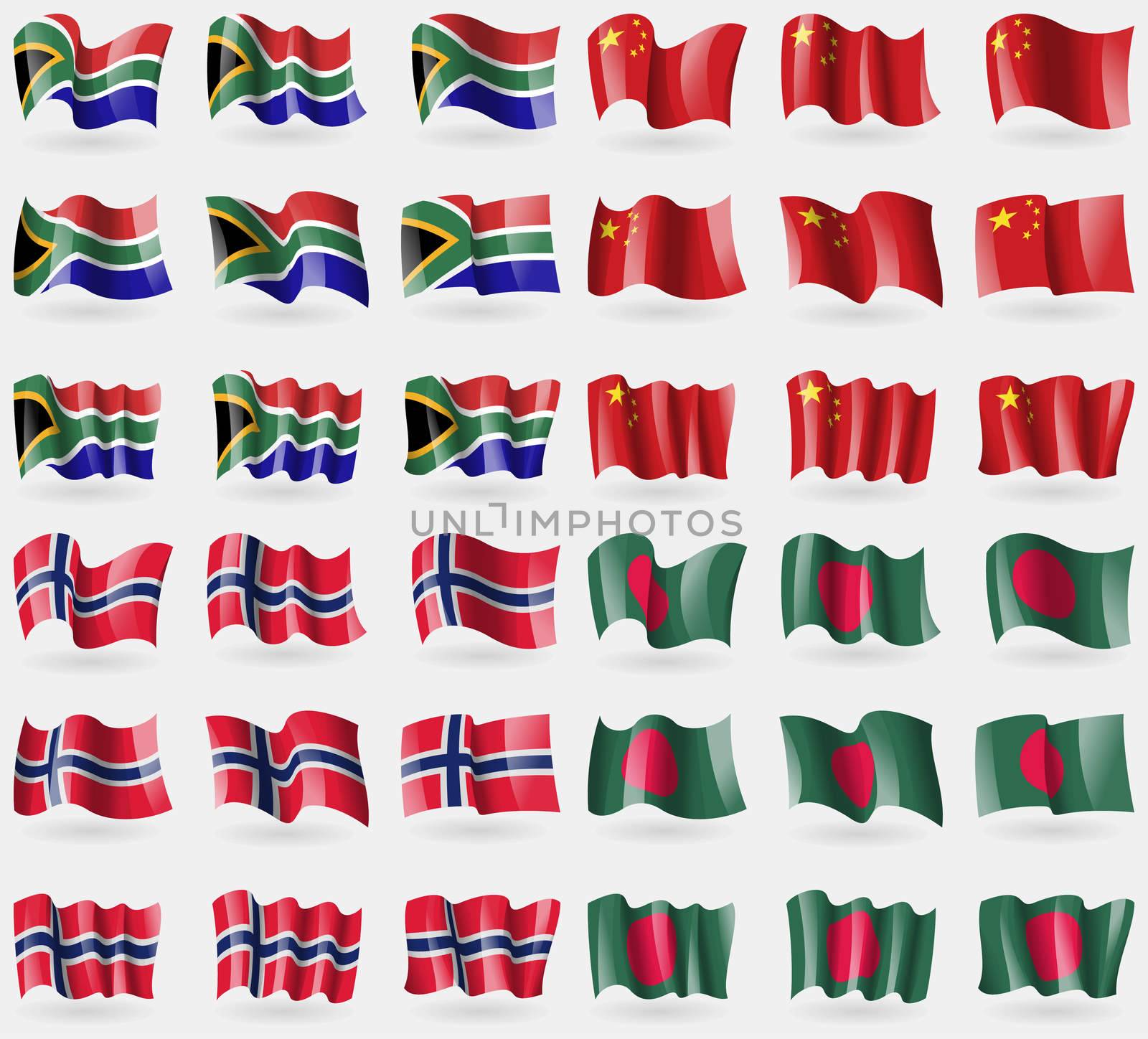 South Africa, China, Norway, Bangladesh. Set of 36 flags of the countries of the world. illustration