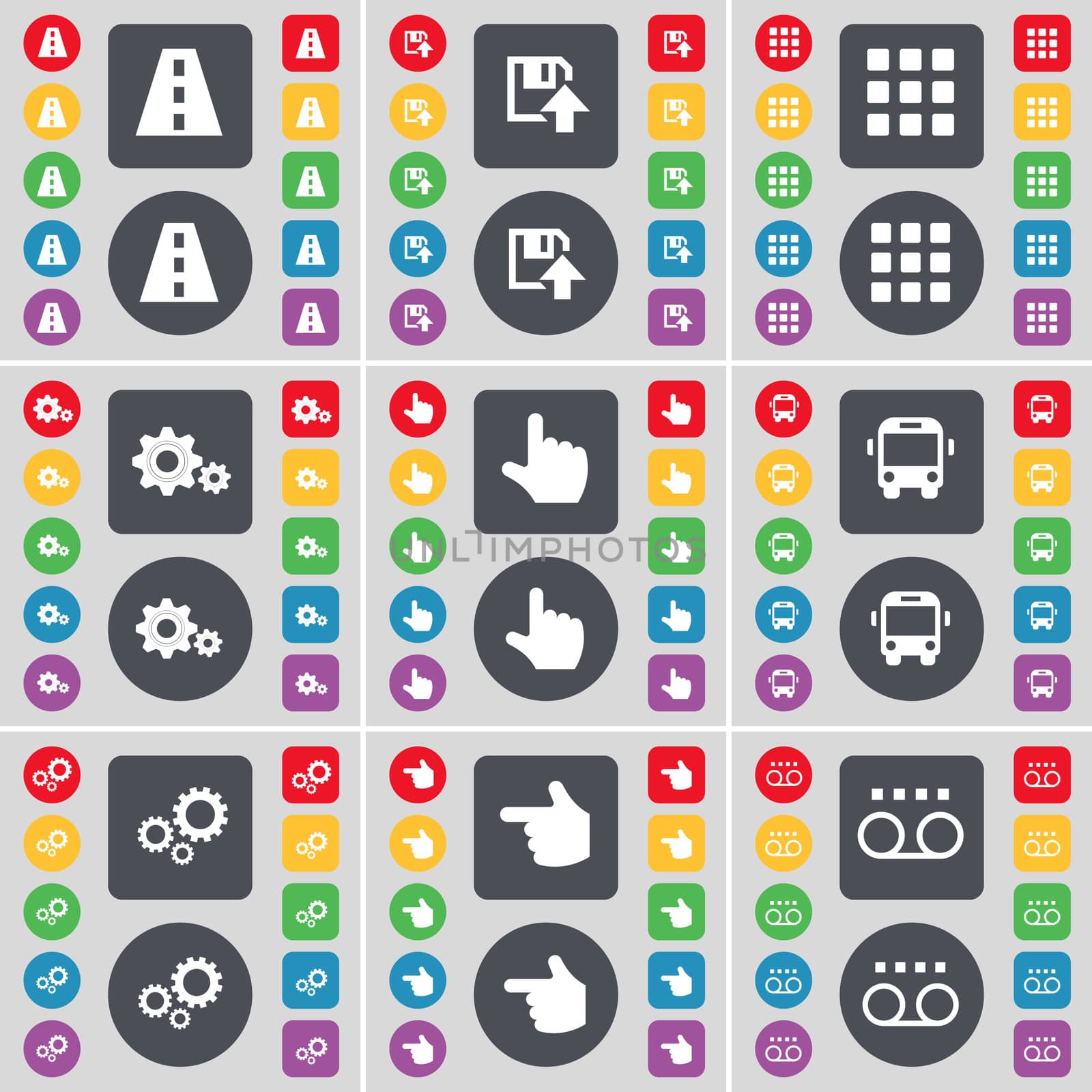 Road, Floppy, Apps, Gear, Hand, Bus, Cassette icon symbol. A large set of flat, colored buttons for your design. illustration