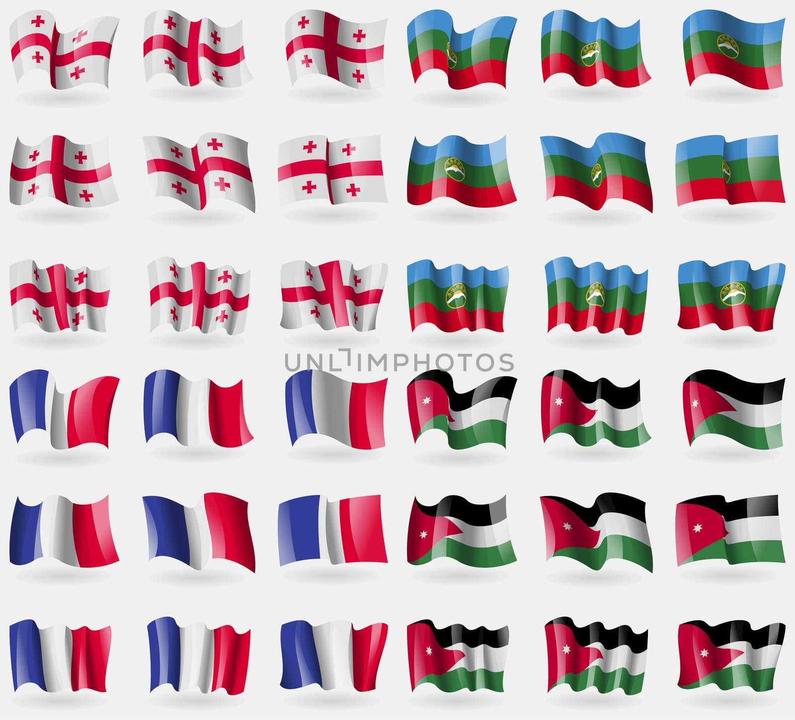 Georgia, KarachayCherkessia, Frence, Jordan. Set of 36 flags of the countries of the world. illustration