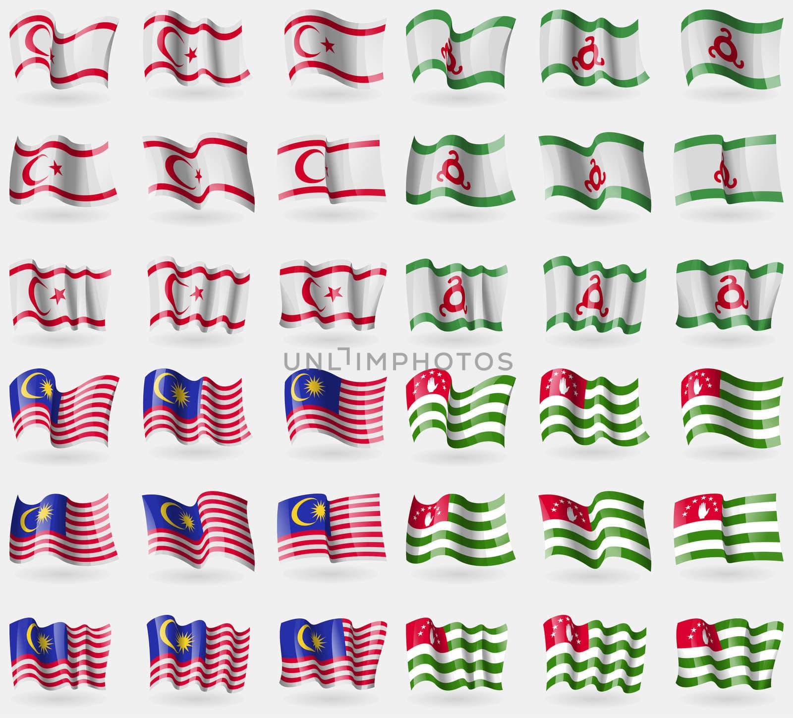 Turkish Northern Cyprus, Ingushetia, Malaysia, Abkhazia. Set of 36 flags of the countries of the world. illustration