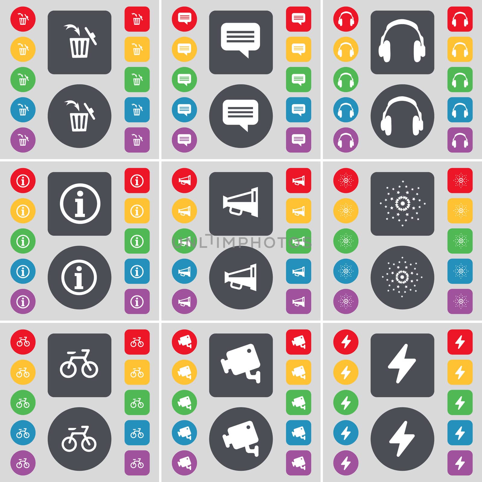 Trash can, Chat bubble, Headphones, Infomation, Megaphone, Star, Bicycle, CCTV, Flash icon symbol. A large set of flat, colored buttons for your design. illustration