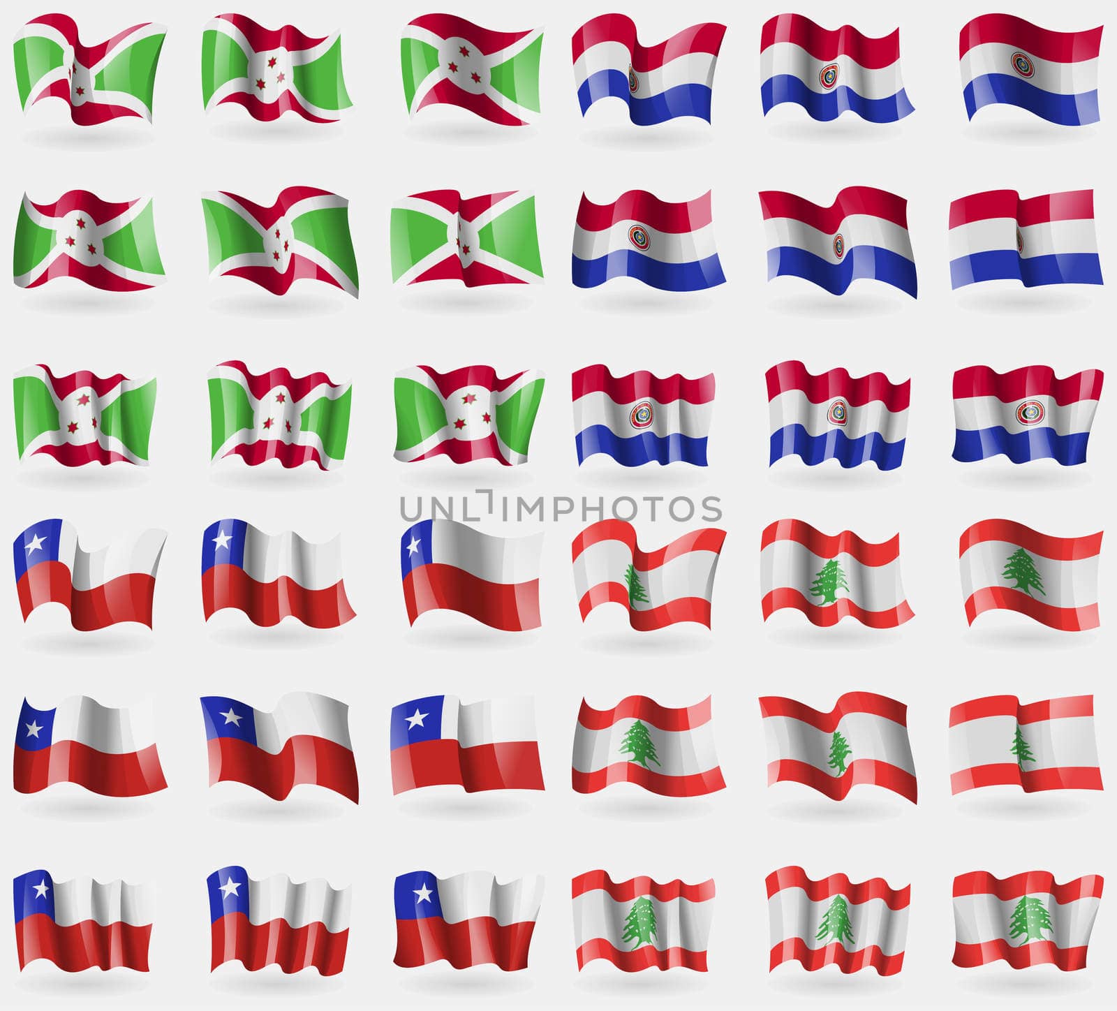 Burundi, Paraguay, Chile, Lebanon. Set of 36 flags of the countries of the world. illustration