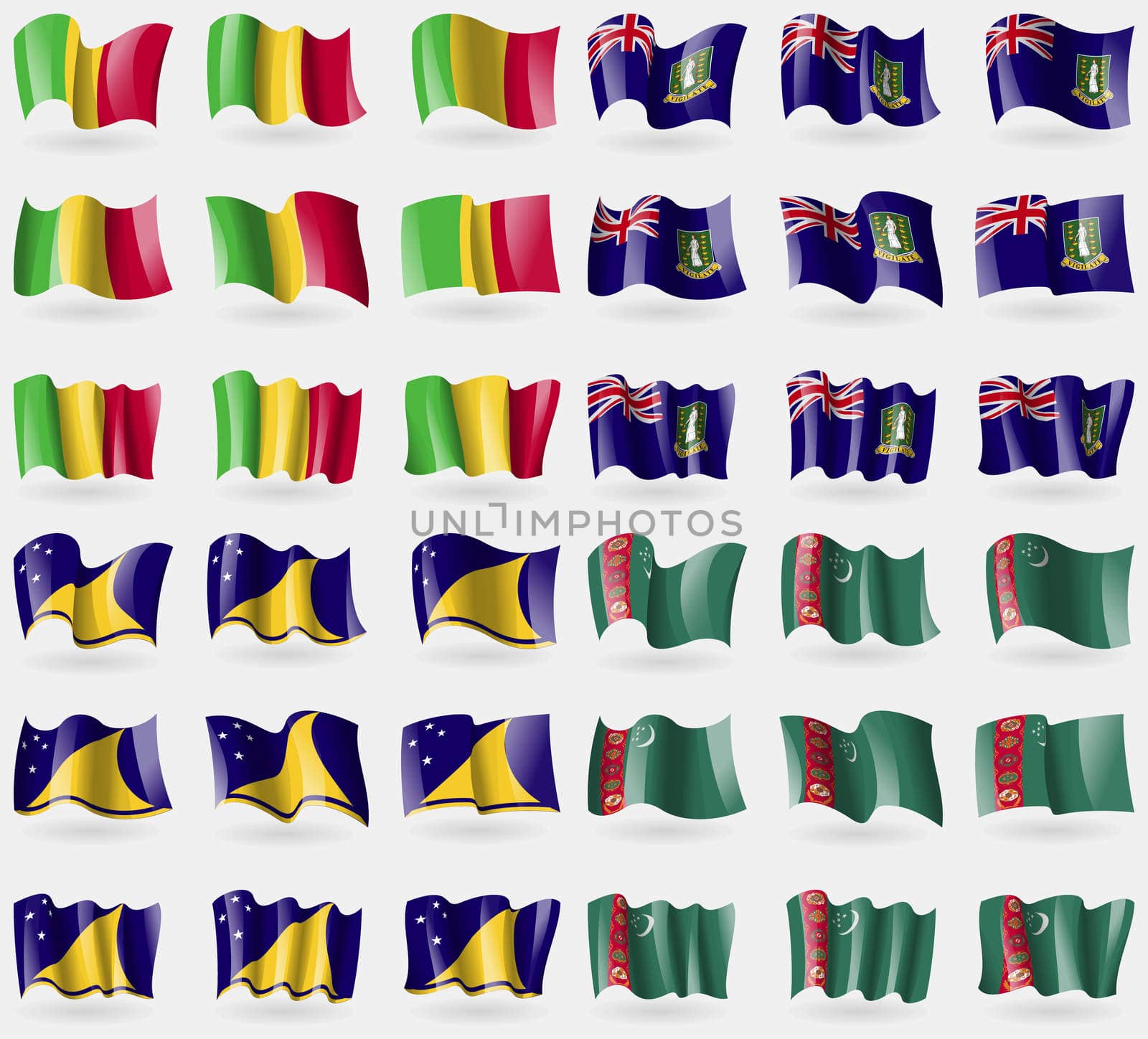 Mali, VirginIslandsUK, Tokelau, Turkmenistan. Set of 36 flags of the countries of the world. illustration