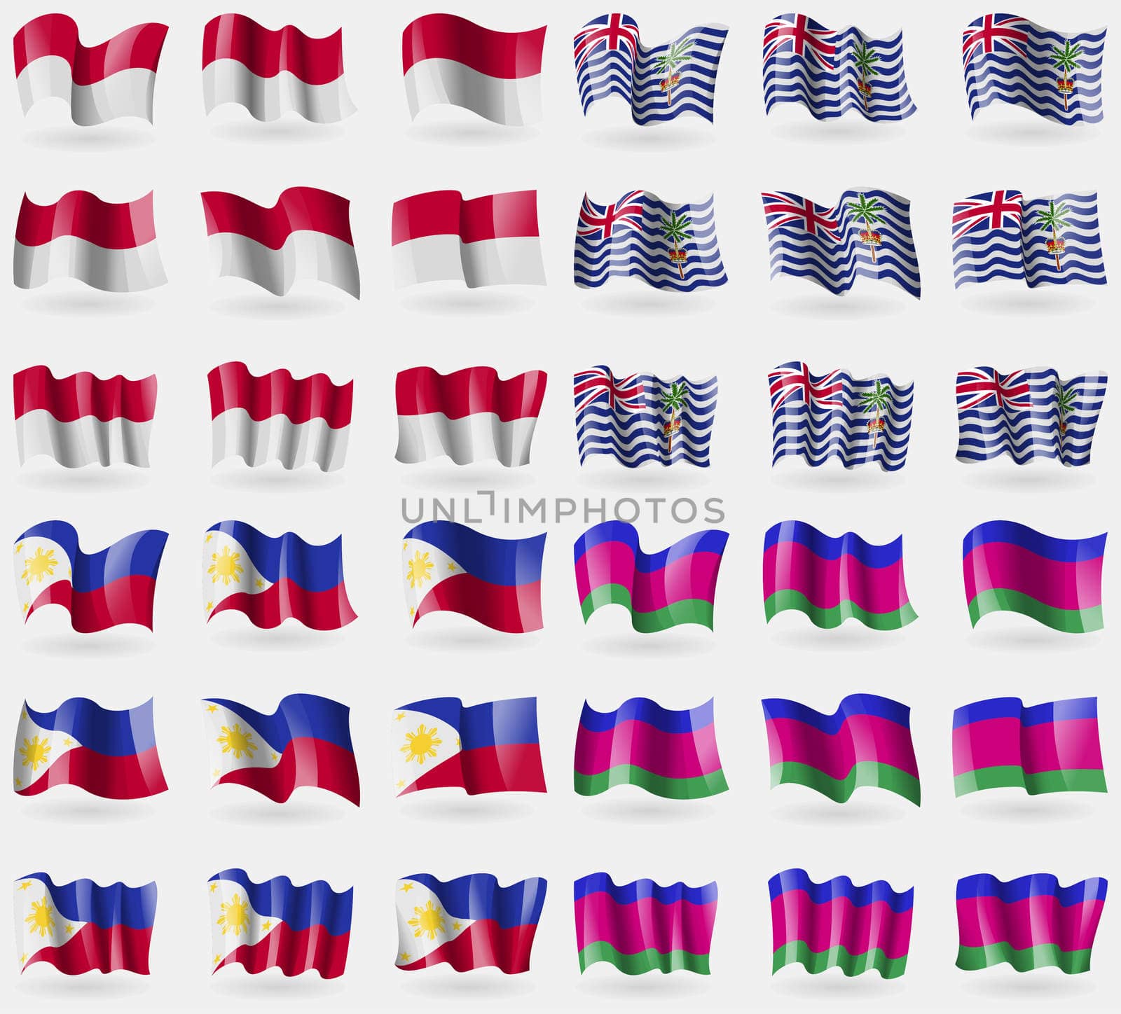 Indonesia, British Indian Ocean Territory, Philippines, Kuban Republic. Set of 36 flags of the countries of the world. illustration