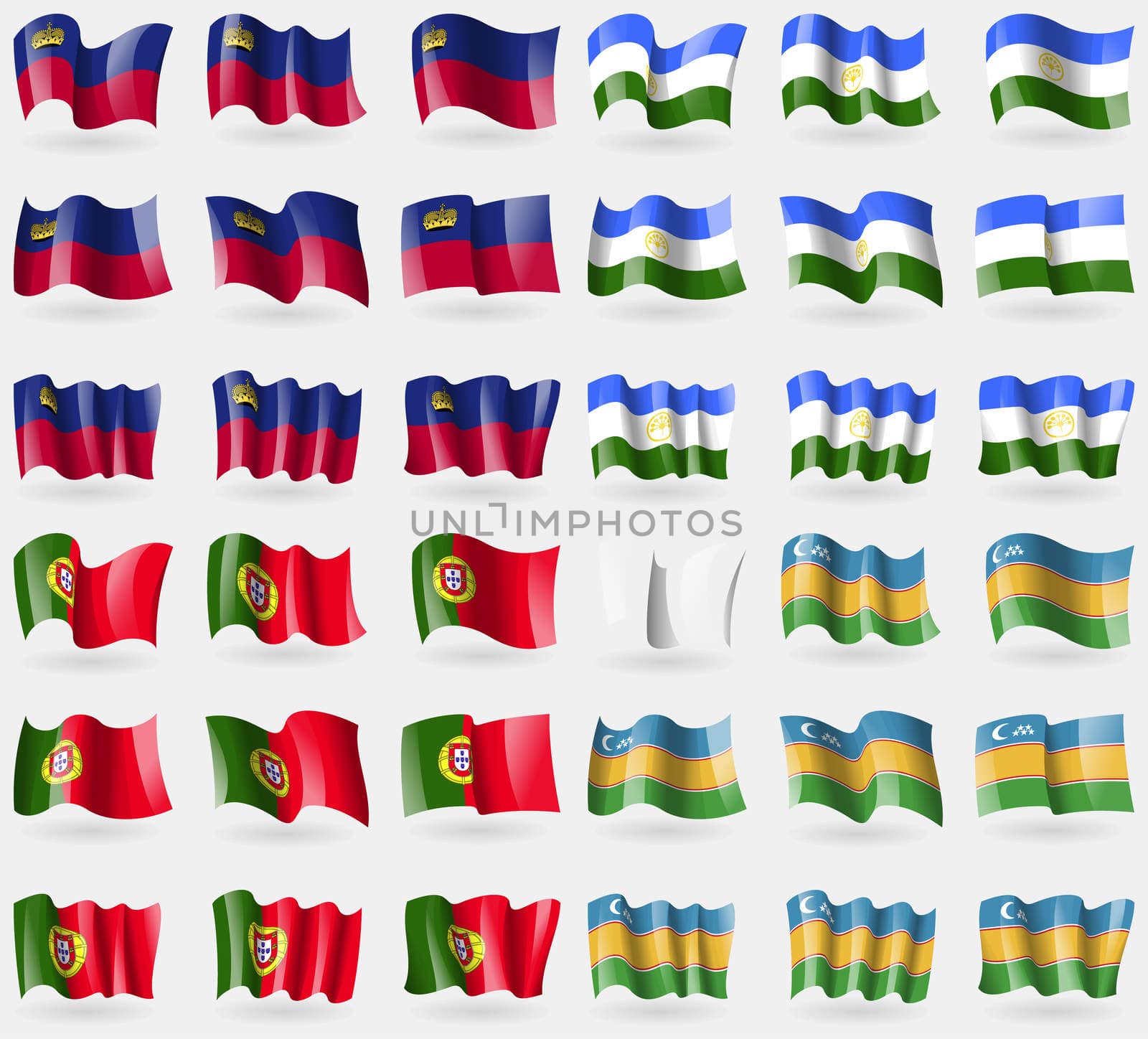 Liechtenstein, Bashkortostan, Portugal, Karakalpakstan. Set of 36 flags of the countries of the world.  by serhii_lohvyniuk