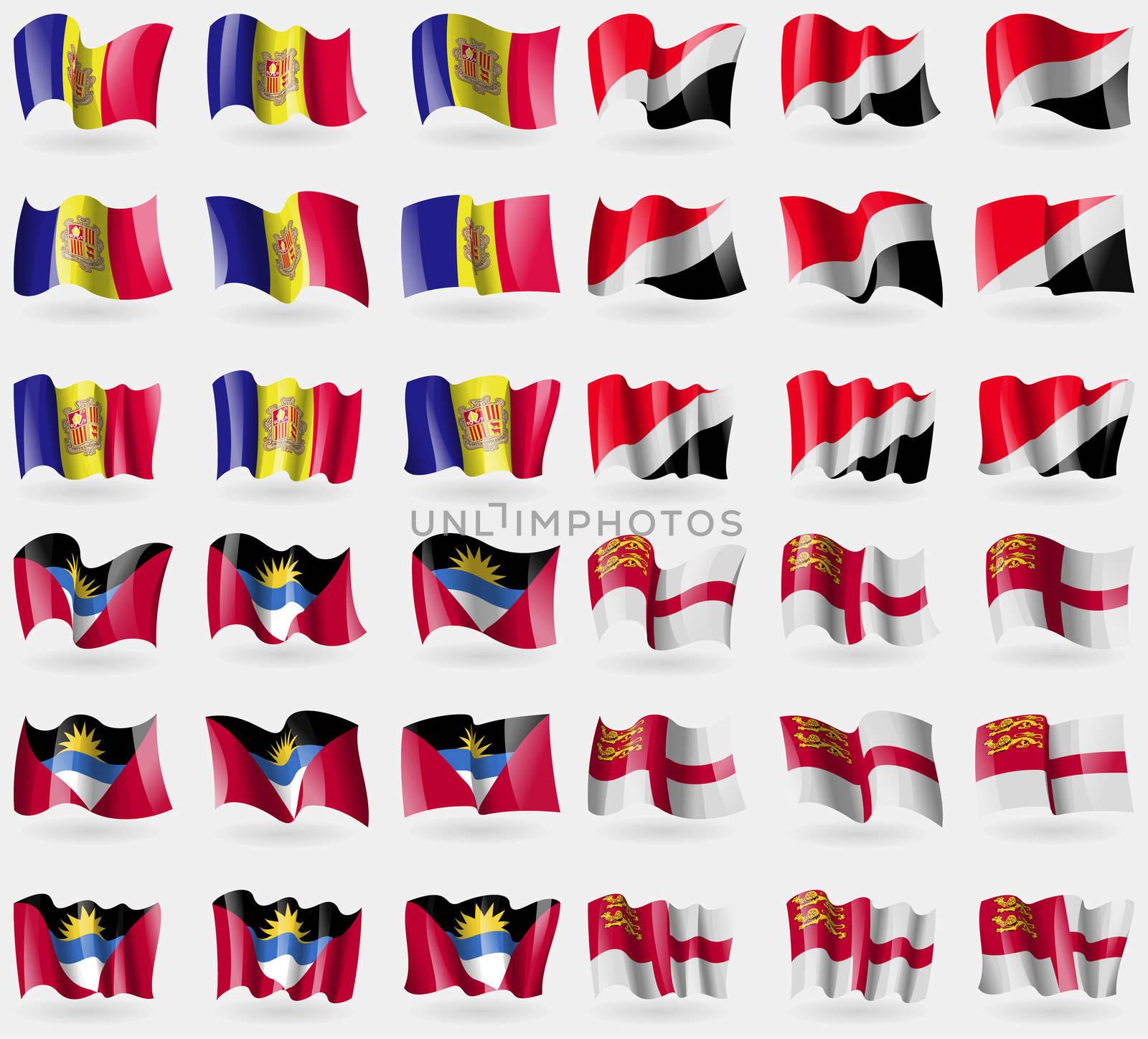 Andorra, Sealand Principality, Antigua and Barbuda, Sark. Set of 36 flags of the countries of the world. illustration