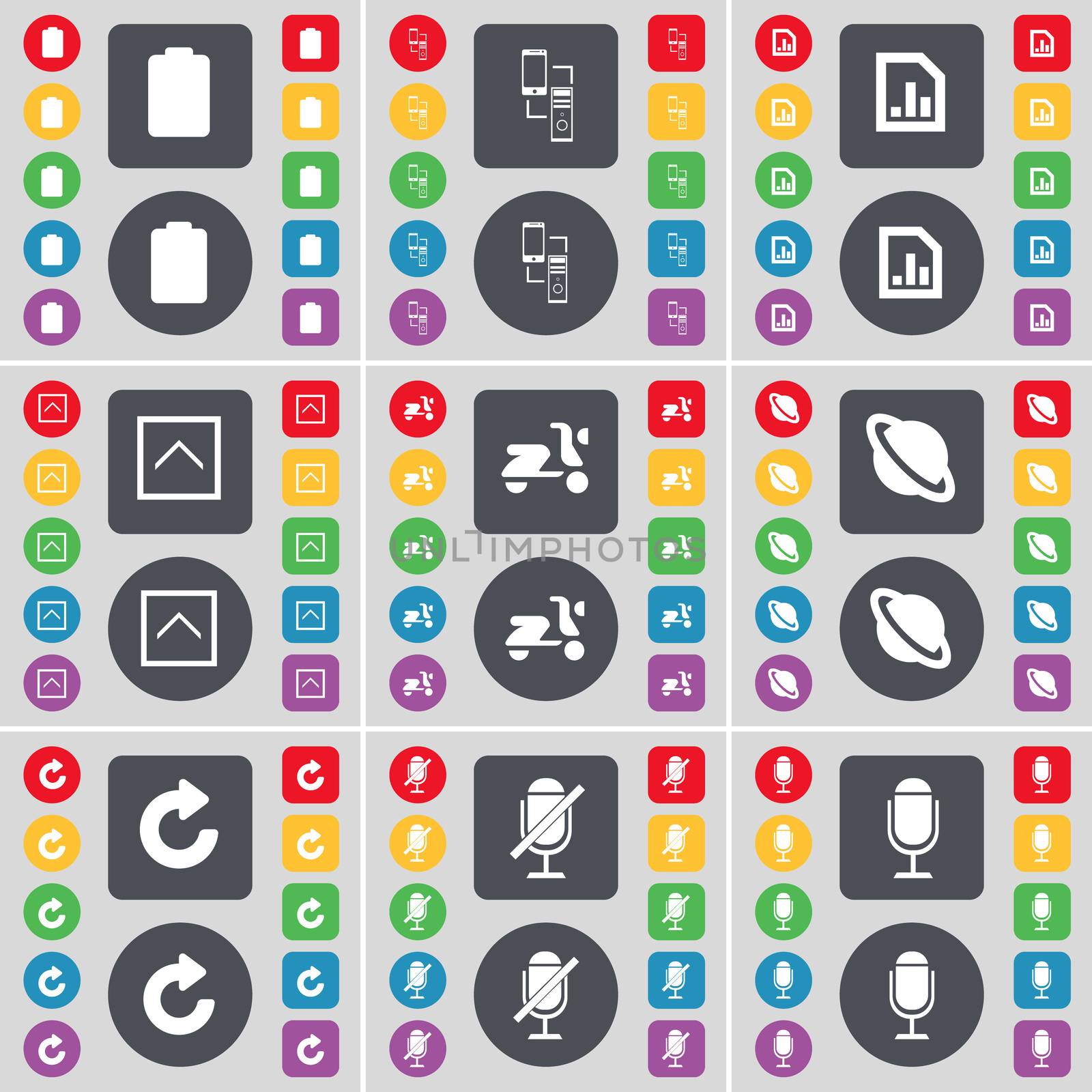 Battery, Information exchange, Diagram file, Arrow up, Scooter, Planet, Reload, Microphone icon symbol. A large set of flat, colored buttons for your design.  by serhii_lohvyniuk