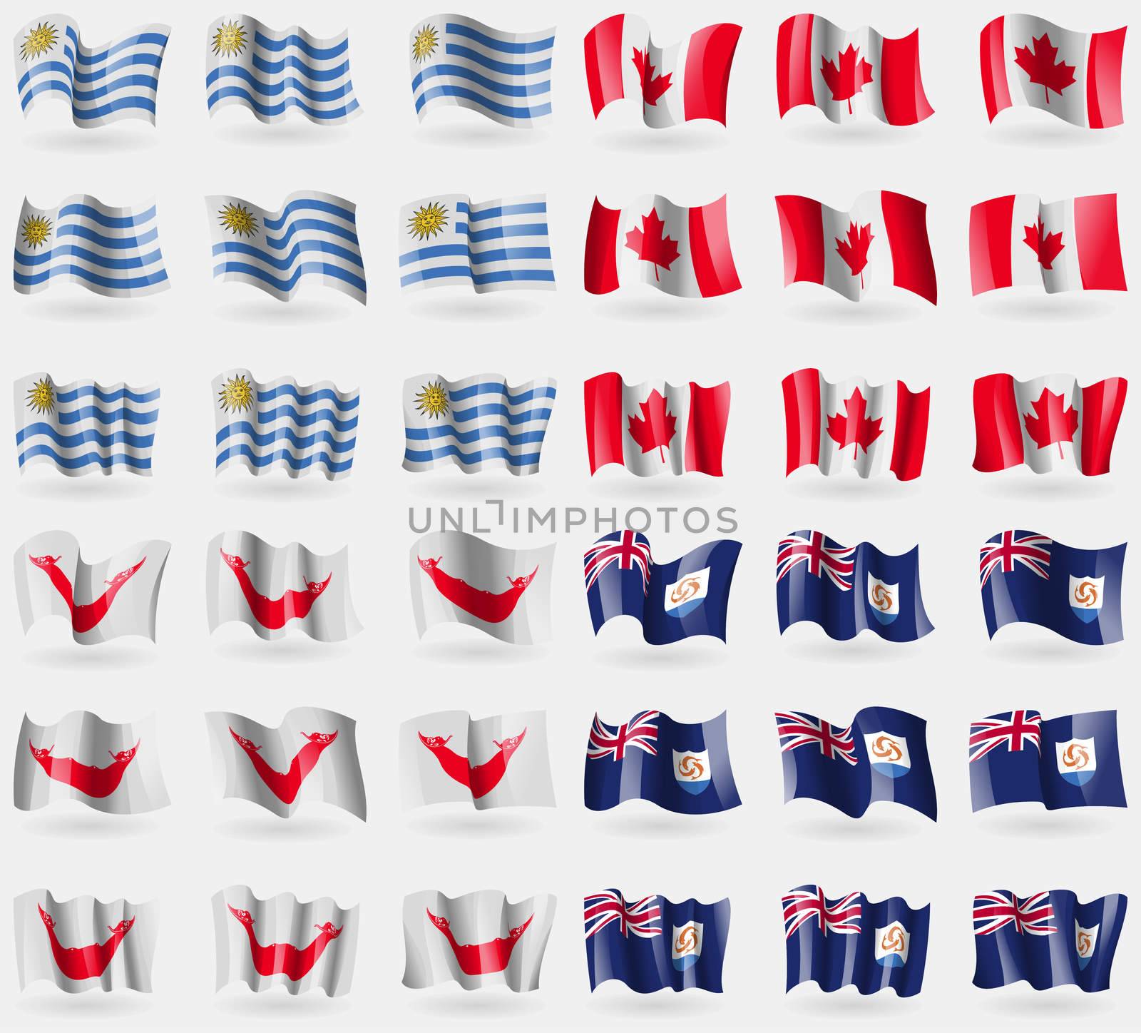 Uruguay, Canada, Easter Rapa Nui, Anguilla. Set of 36 flags of the countries of the world. illustration