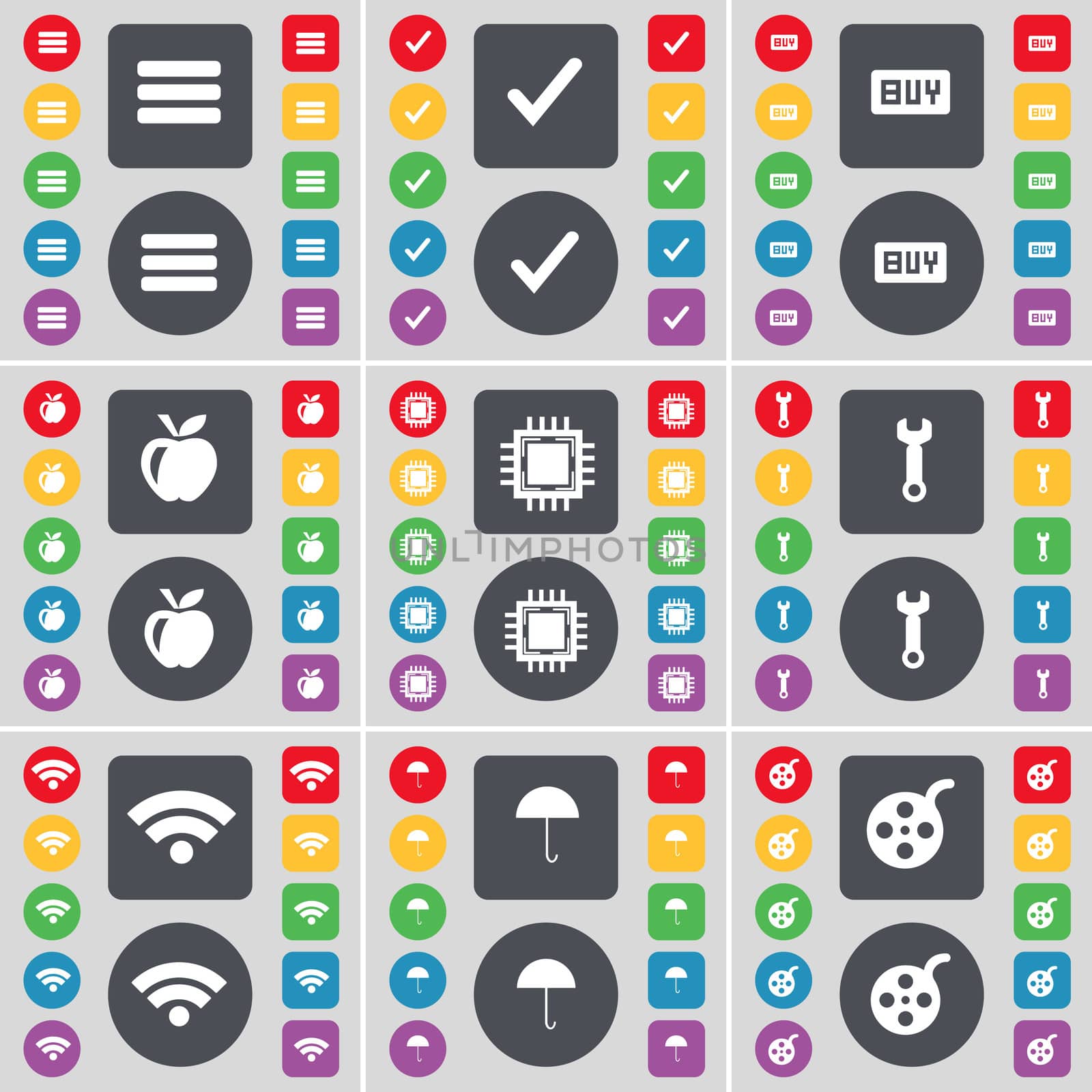 Apps, Tick, Buy, Apple, Processor, Wrench, Wi-Fi, Umbrella, Videotape icon symbol. A large set of flat, colored buttons for your design. illustration