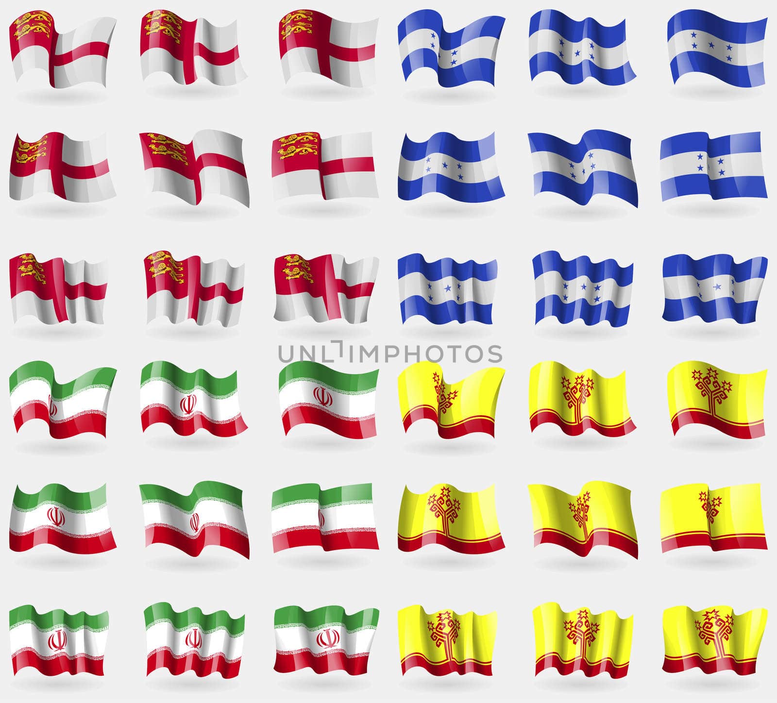 Sark, Honduras, Iran, Chuvashia. Set of 36 flags of the countries of the world. illustration