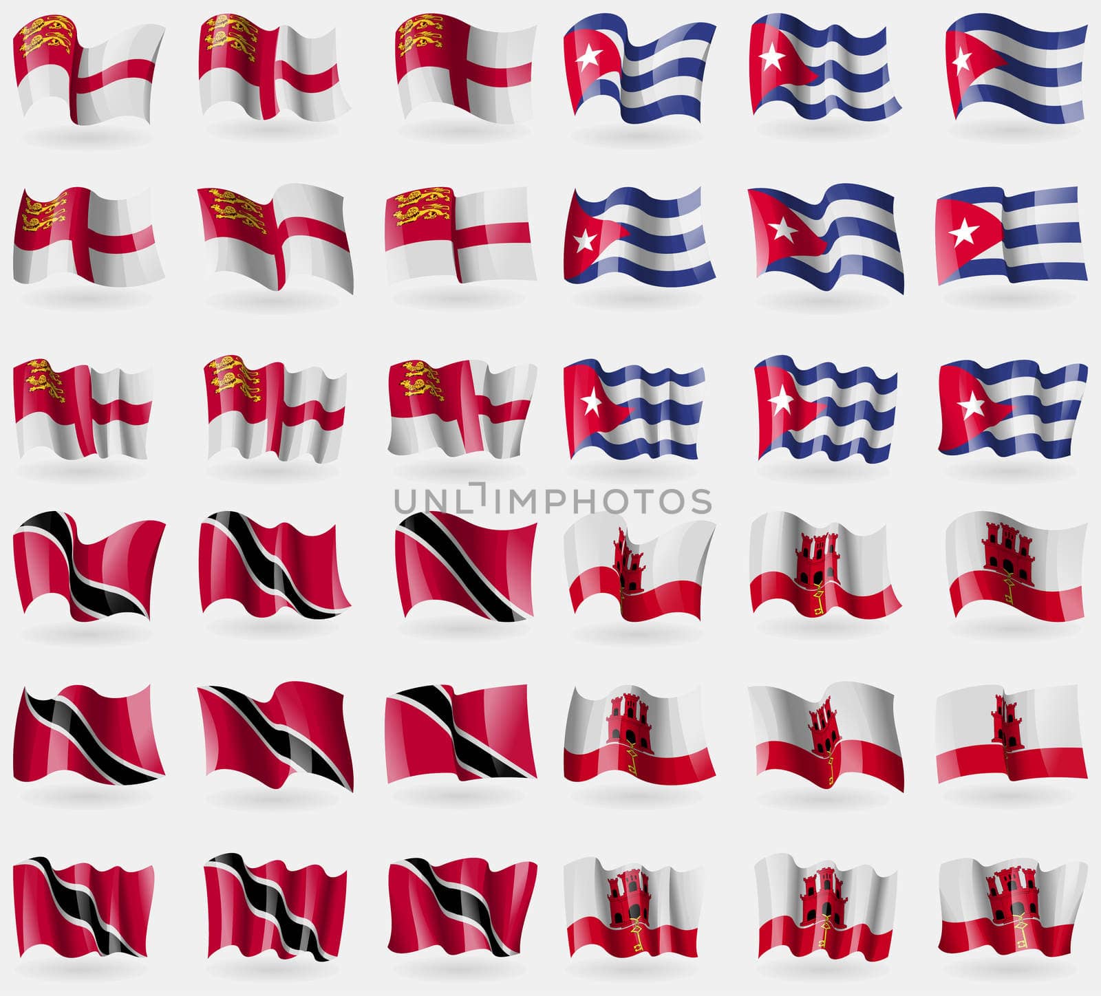 Sark, Cuba, Trinidad and Tobago, Gibraltar. Set of 36 flags of the countries of the world. illustration
