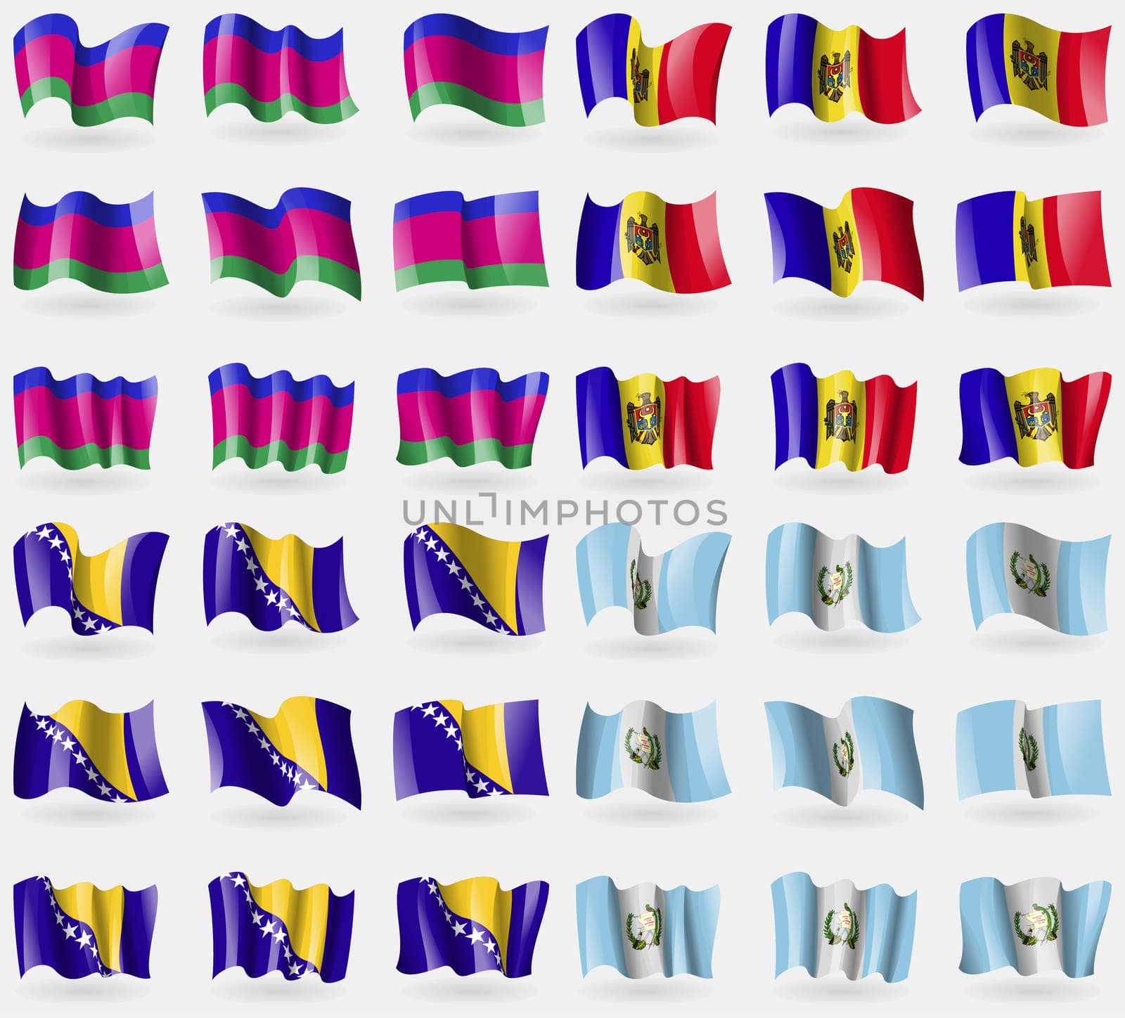 Kuban Republic, Moldova, Bosnia and Herzegovina, Guatemala. Set of 36 flags of the countries of the world. illustration