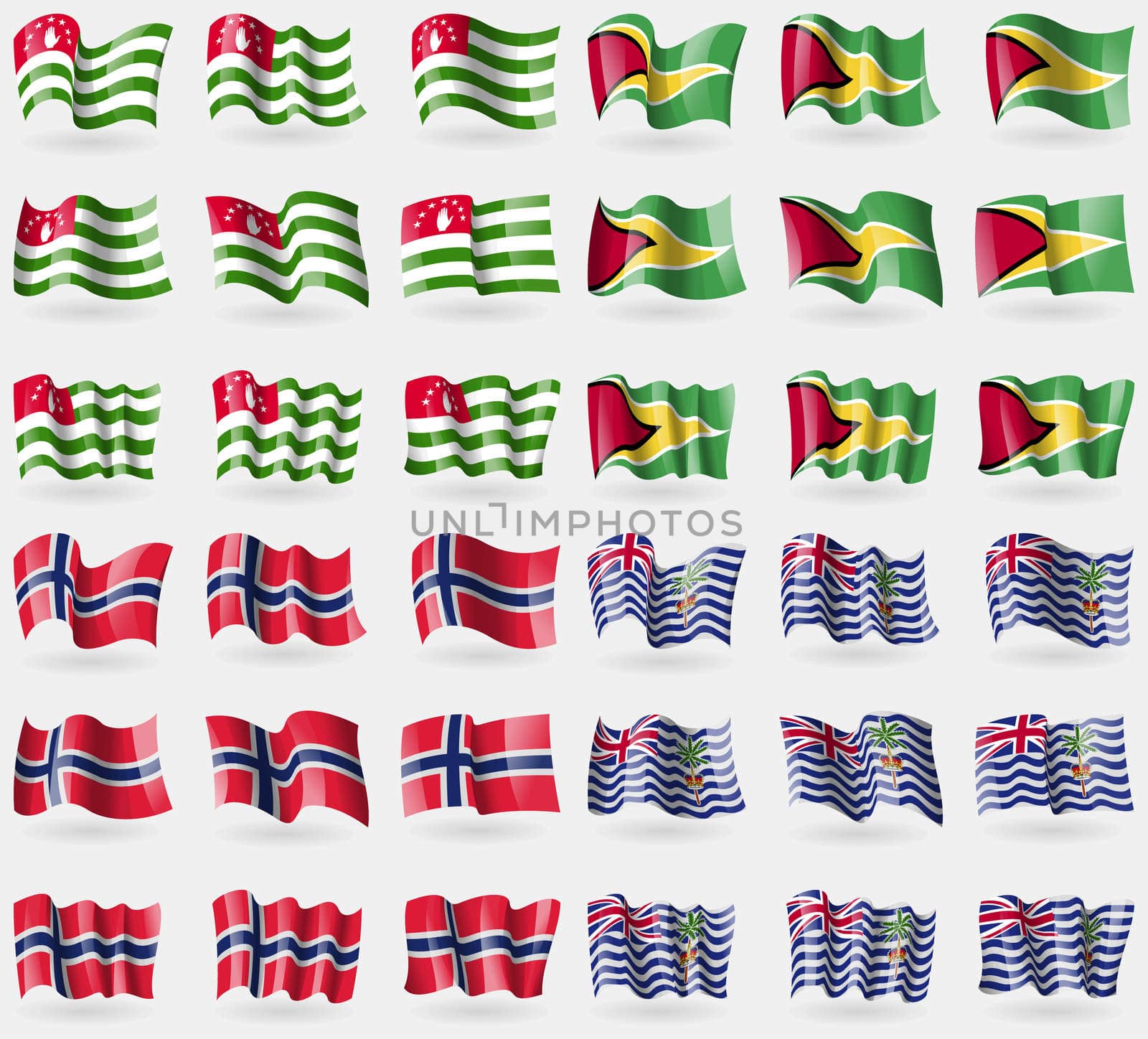 Abkhazia, Guyana, Norway, Brirish Indian Ocean Territory. Set of 36 flags of the countries of the world. illustration