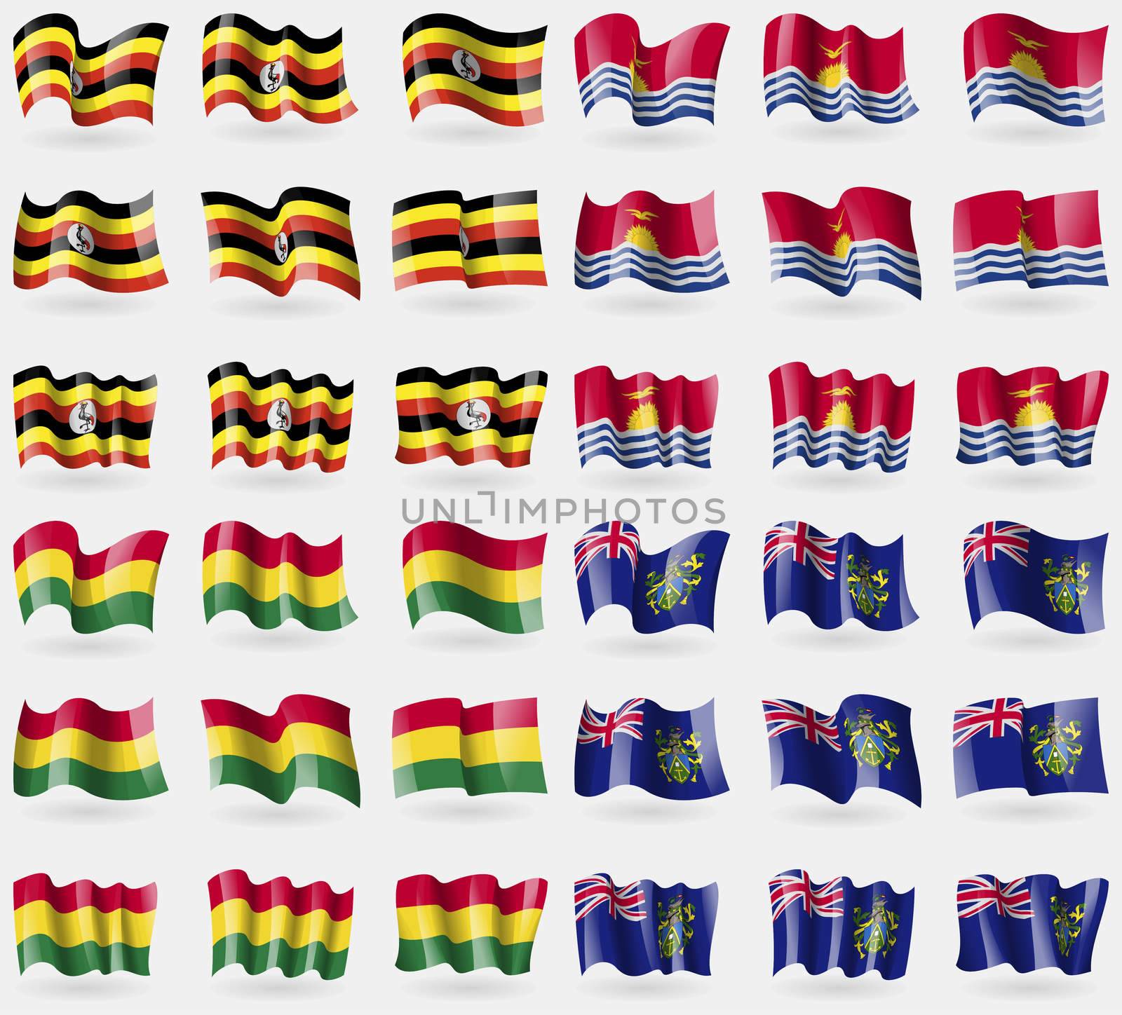 Uganda, Kiribati, Bolivia, Pitcairn Islands. Set of 36 flags of the countries of the world. illustration