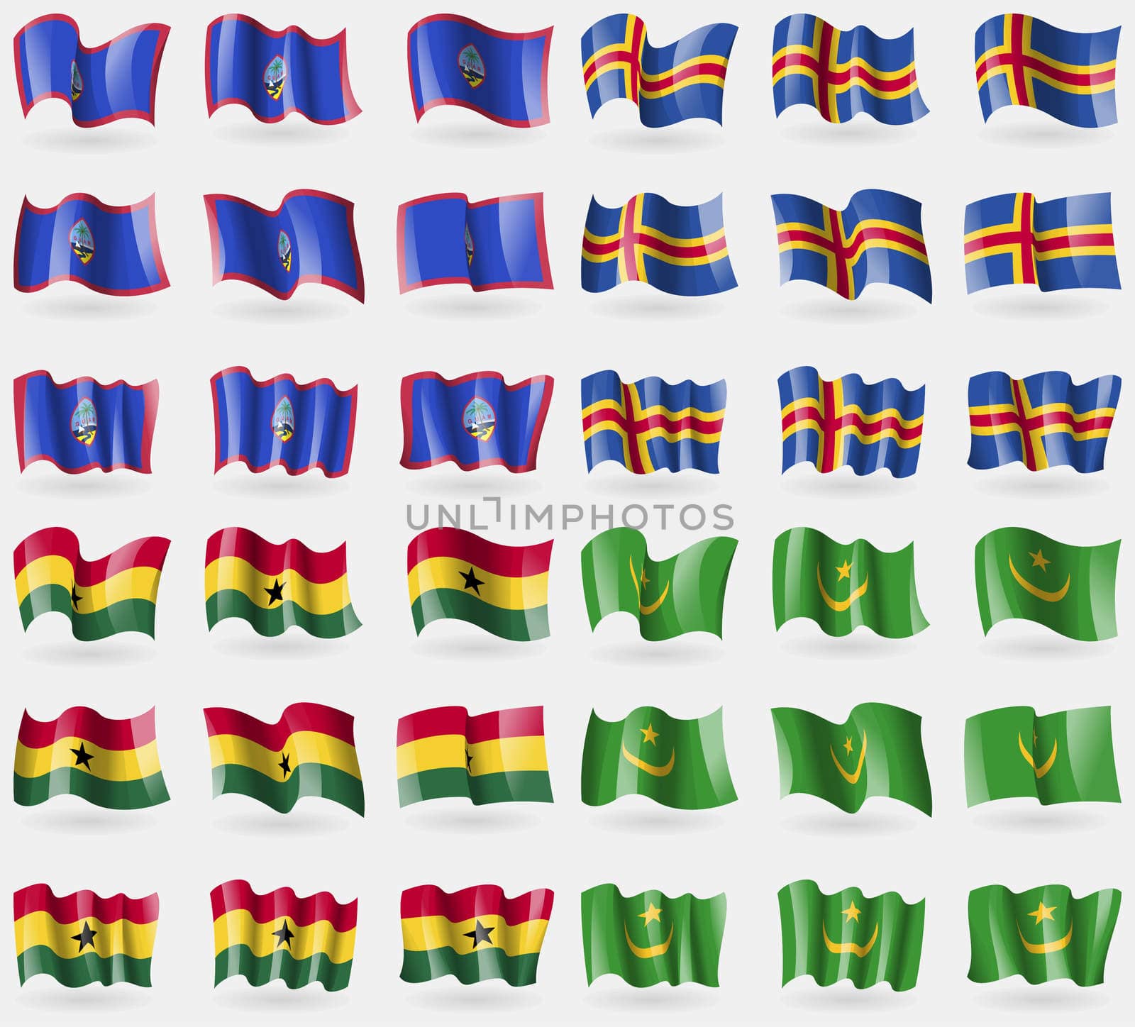 Guam, Aland, Ghana, Mauritania. Set of 36 flags of the countries of the world. illustration
