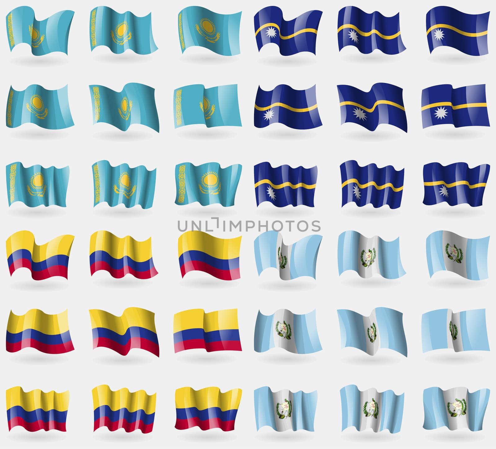 Kazakhstan, Nauru, Colombia, Guatemala. Set of 36 flags of the countries of the world.  by serhii_lohvyniuk