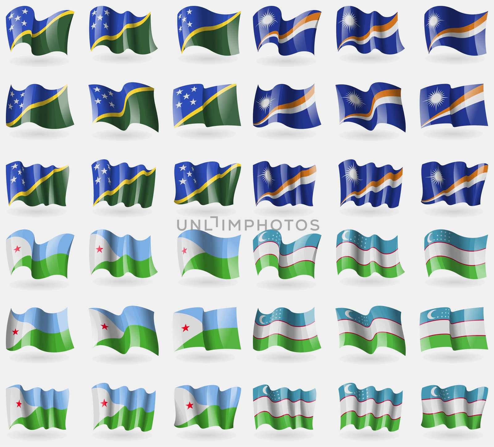 Solomon Islands, Marshall Islands, Djibouti, Uzbekistan. Set of 36 flags of the countries of the world.  by serhii_lohvyniuk