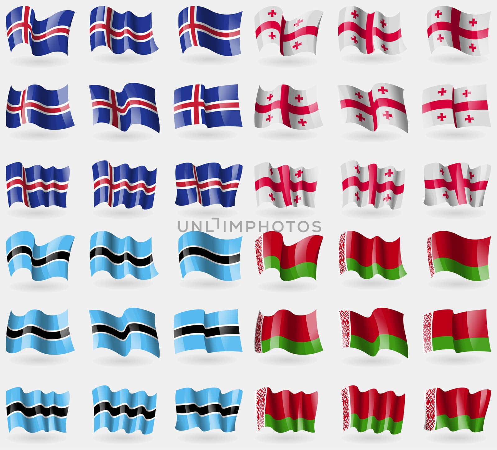 Iceland, Georgia, Botswana, Belarus. Set of 36 flags of the countries of the world.  by serhii_lohvyniuk