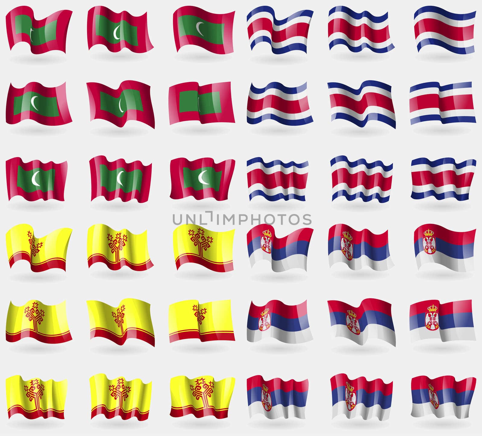 Maldives, Costa Rica, Chuvashia, Serbia. Set of 36 flags of the countries of the world. illustration