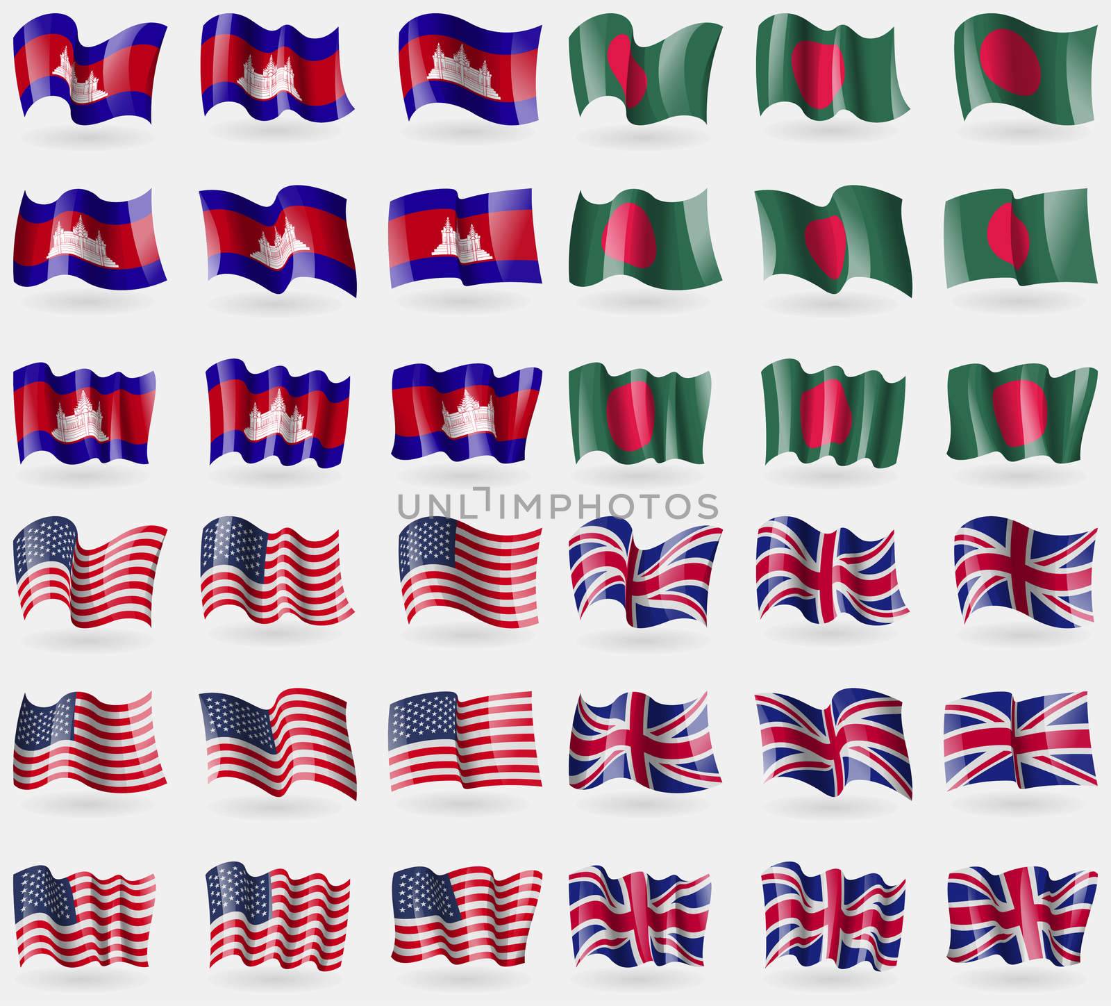 Cambodia, Bangladesh, USA, United Kingdom. Set of 36 flags of the countries of the world. illustration