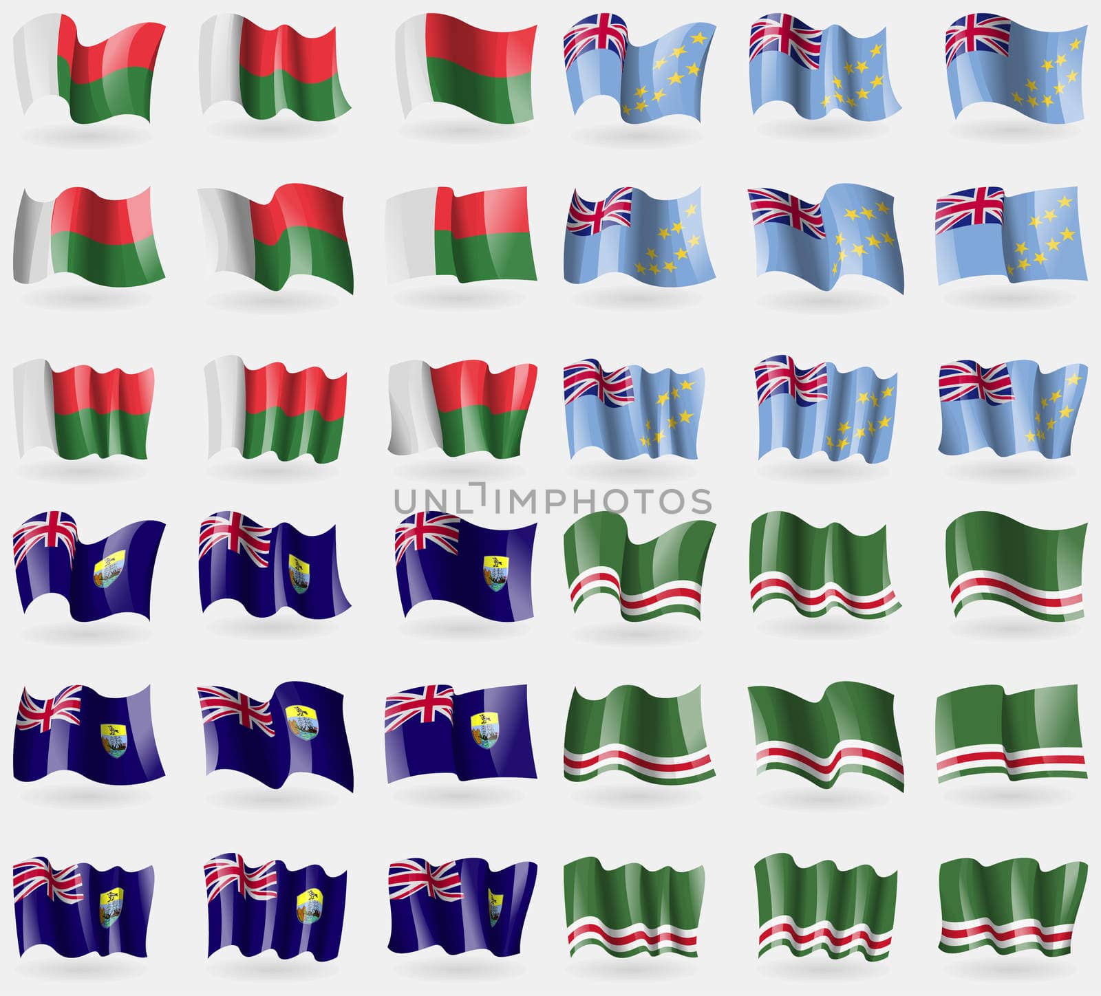 Madagascar, Tuvalu, Saint Helena, Chechen Republic of Ichkeria. Set of 36 flags of the countries of the world. illustration