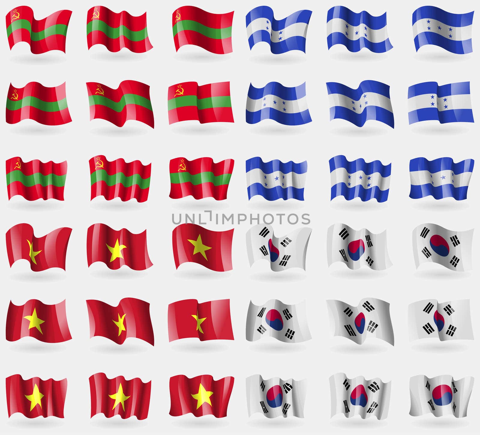 Transnistria, Honduras, Vietnam, Korea South. Set of 36 flags of the countries of the world.  by serhii_lohvyniuk