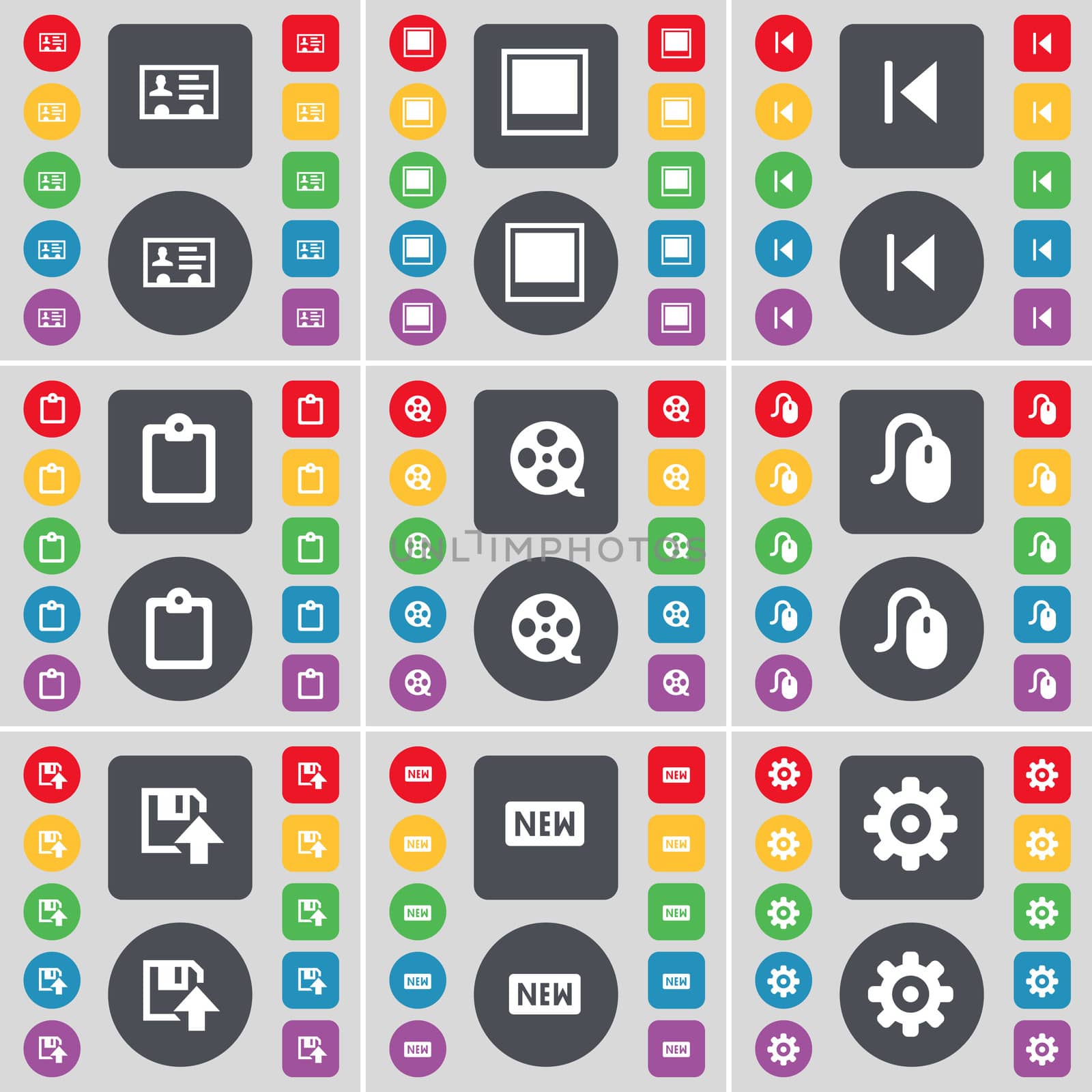 Contact, Window, Media skip, Survey, Videotape, Mouse, Floppy, New, Gear icon symbol. A large set of flat, colored buttons for your design. illustration