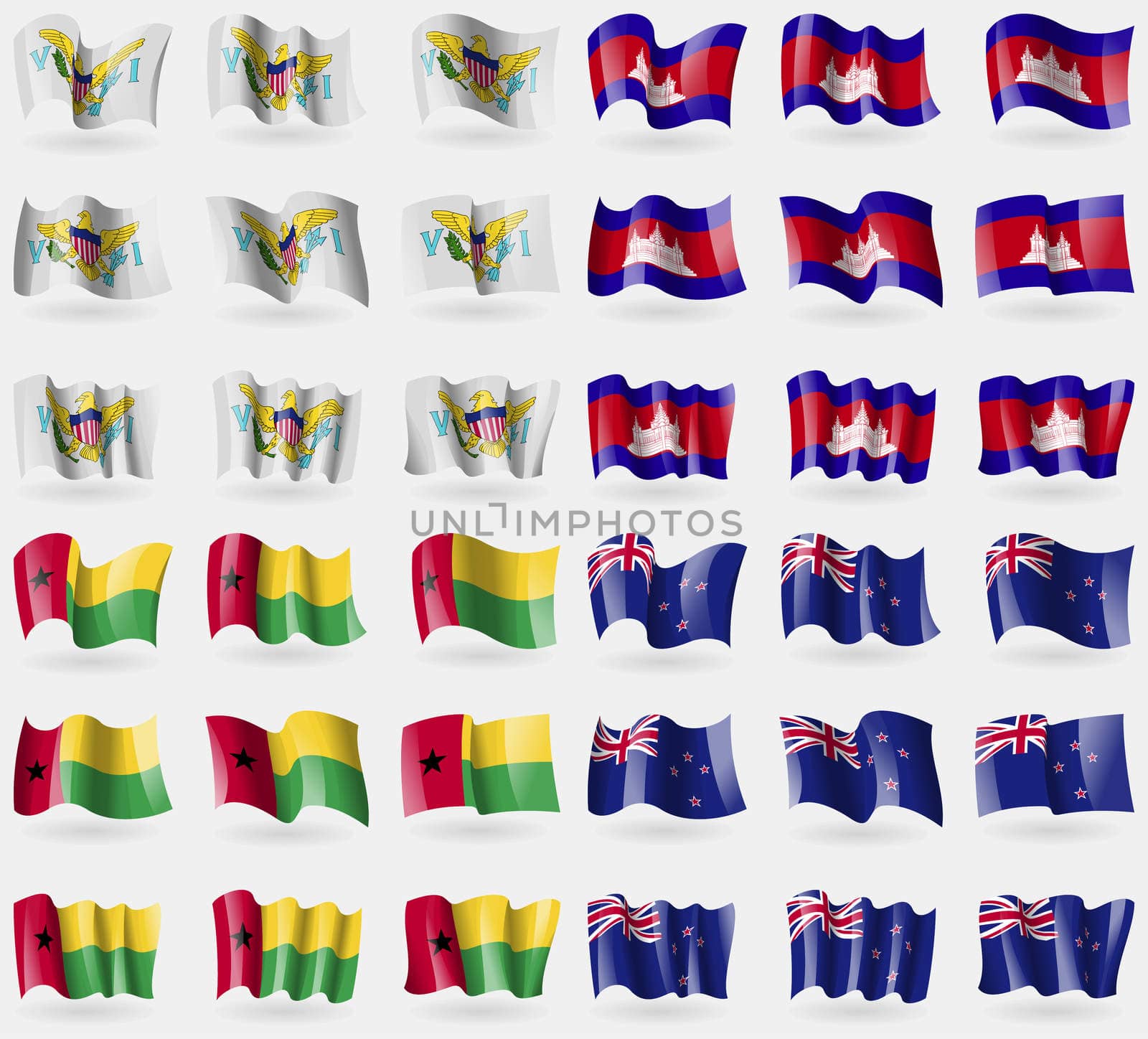 VirginIslandsUS, Cambodia, GuineaBissau, New Zeland. Set of 36 flags of the countries of the world. illustration