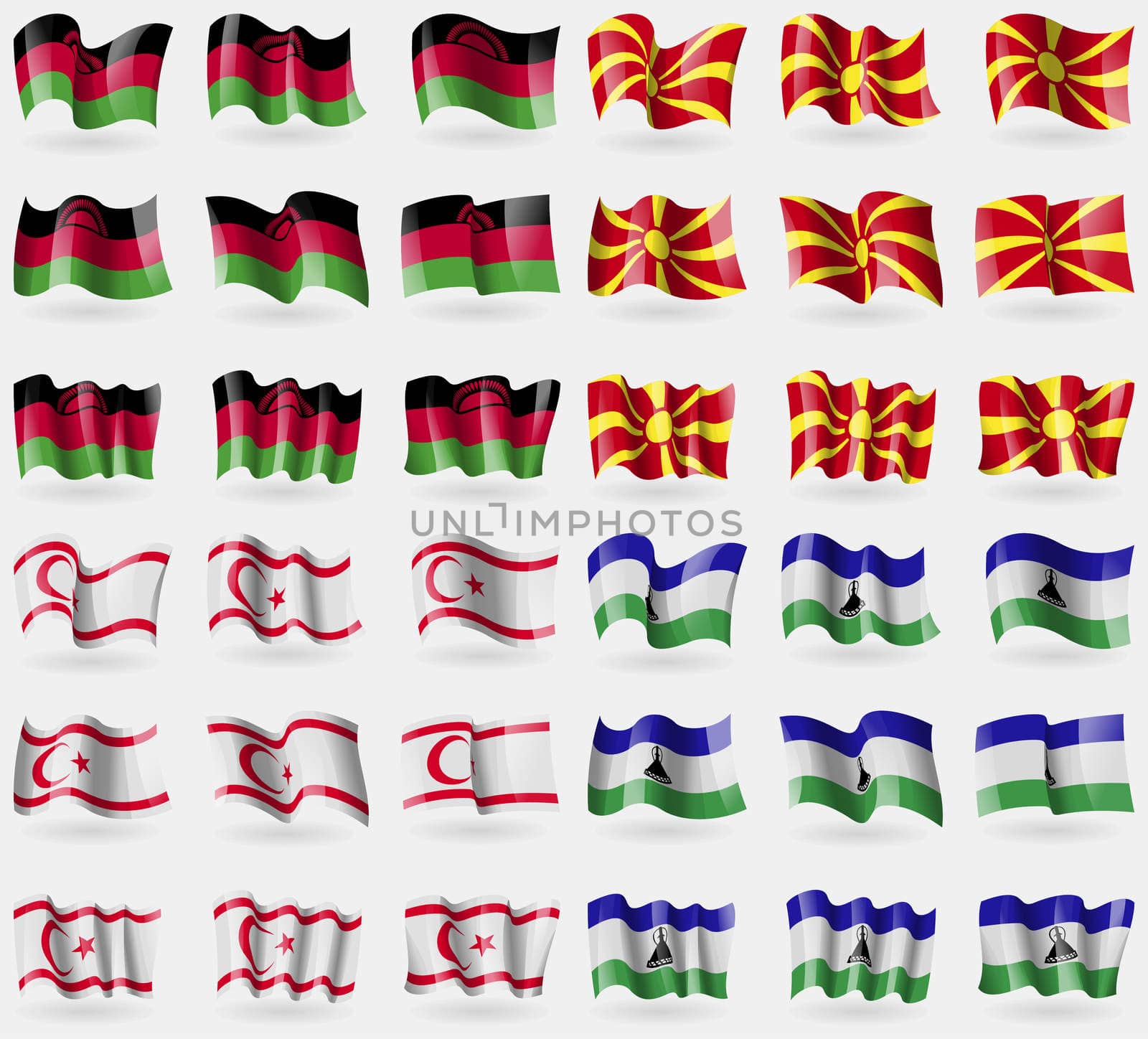 Malawi, Macedonia, Turkish Northern Cyprus, Lesothe. Set of 36 flags of the countries of the world.  by serhii_lohvyniuk