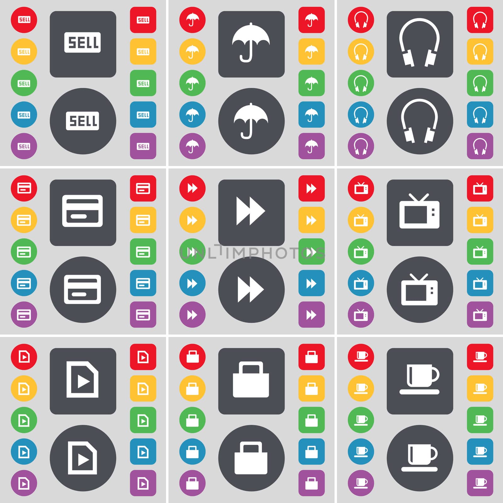 Sell, Umbrella, Headphones, Credit card, Rewind, Retro phone, Media file, Lock, Cup icon symbol. A large set of flat, colored buttons for your design. illustration