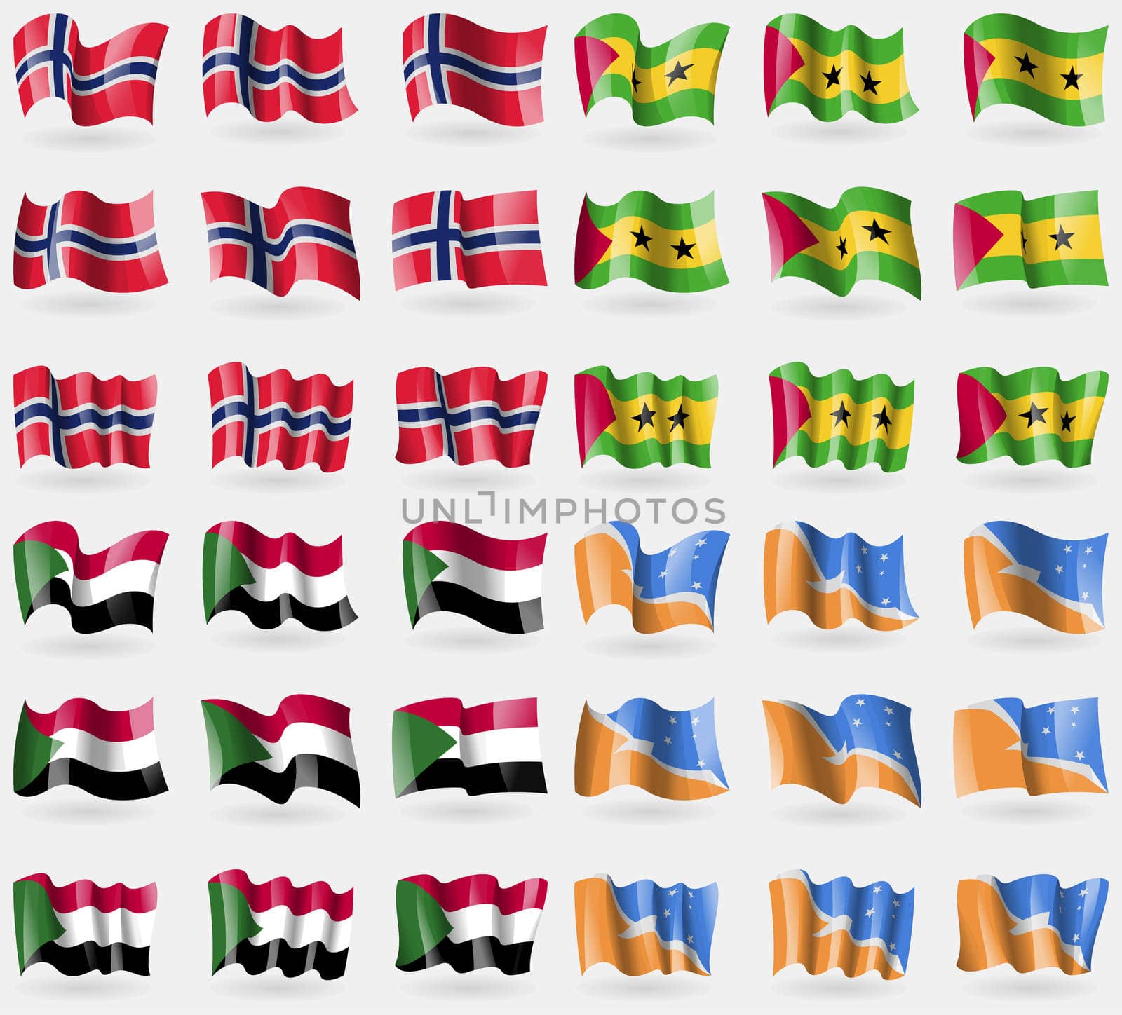 Norway, Sao Tome and Principe, Sudan, Tierra del Fuego Province. Set of 36 flags of the countries of the world.  by serhii_lohvyniuk