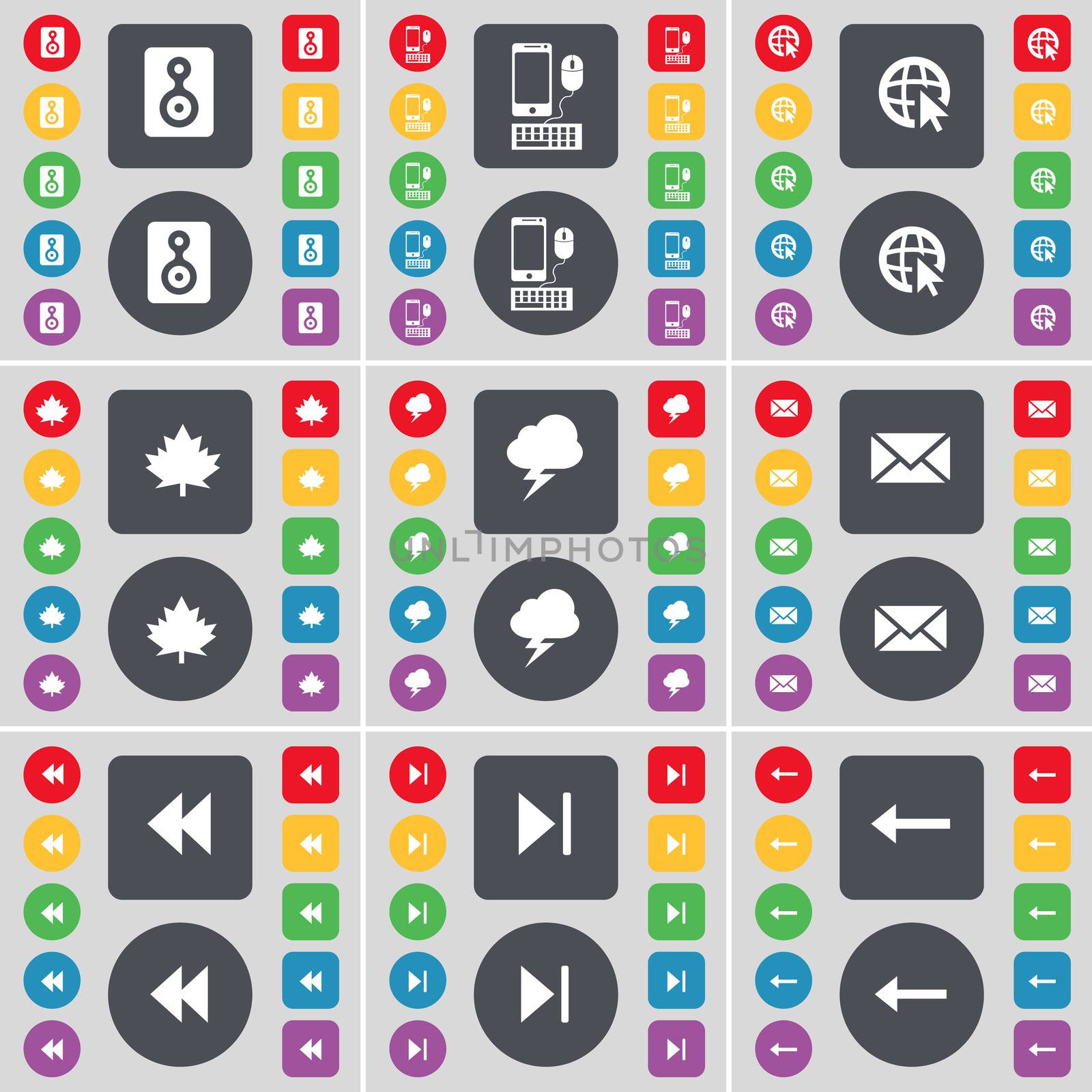 Speaker, Smartphone, Web cursor, Maple leaf, Lightning, Message, Rewind, Media skip, Arrow left icon symbol. A large set of flat, colored buttons for your design. illustration